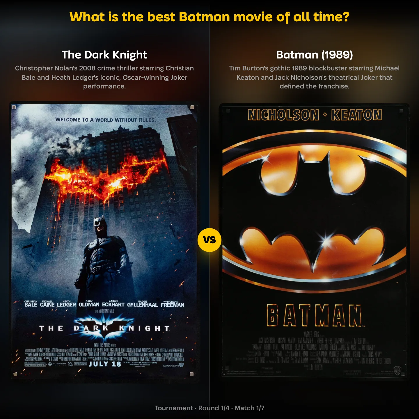 Batman ranking matchup: The Dark Knight against Batman (1989) in the best Batman movie ranking