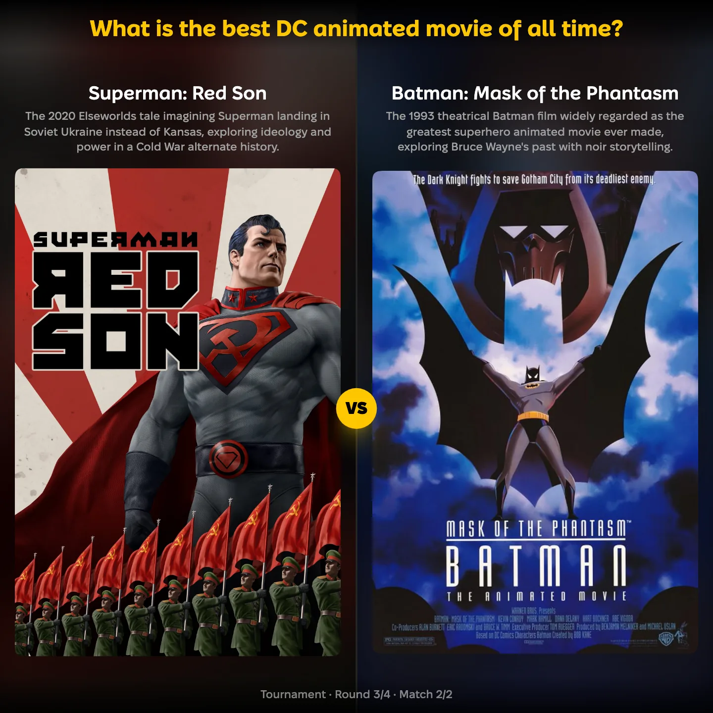 Batman ranking matchup: Superman: Red Son against Batman: Mask of the Phantasm in the best DC animated movie ranking