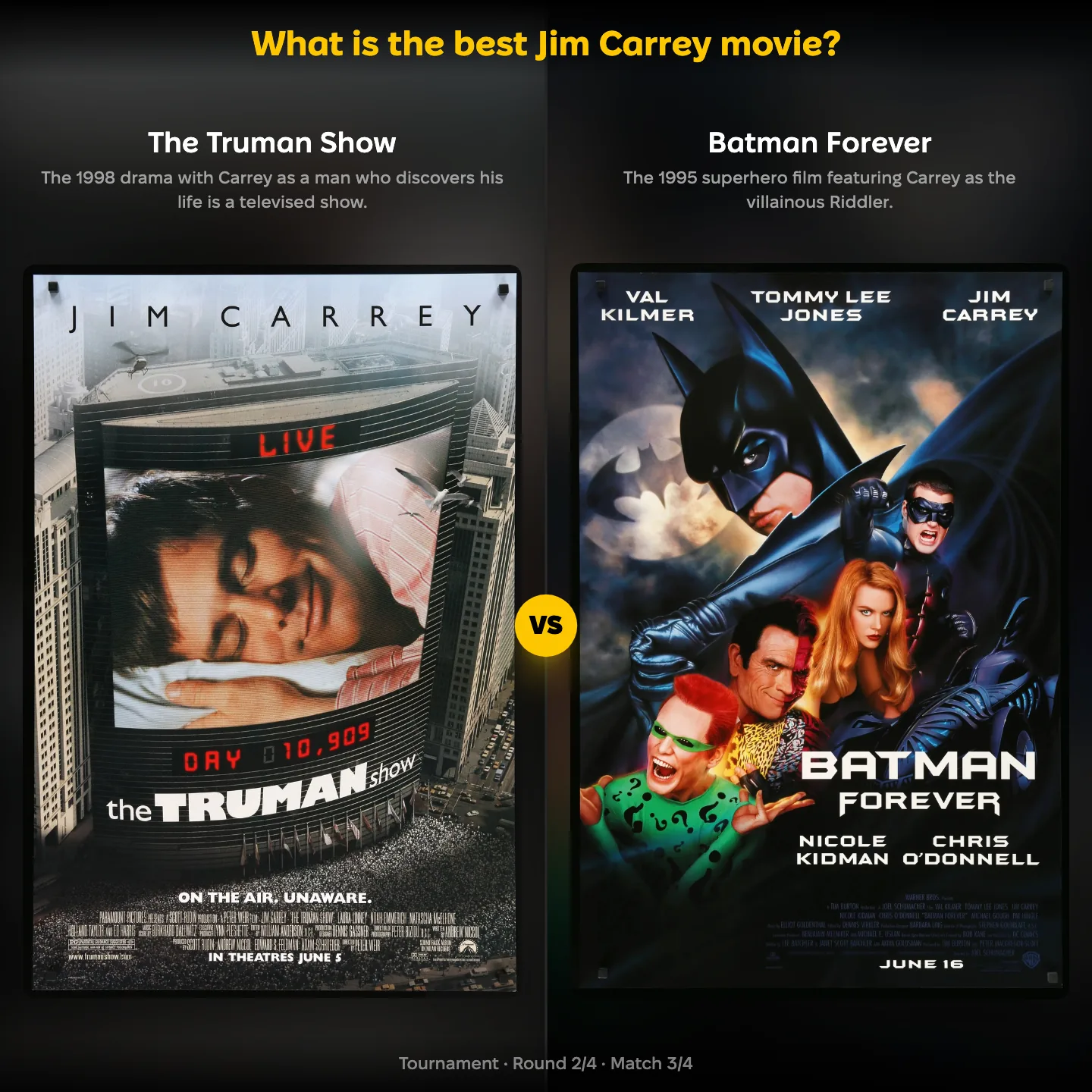 Batman ranking matchup: The Truman Show against Batman Forever in the best Jim Carrey movie ranking