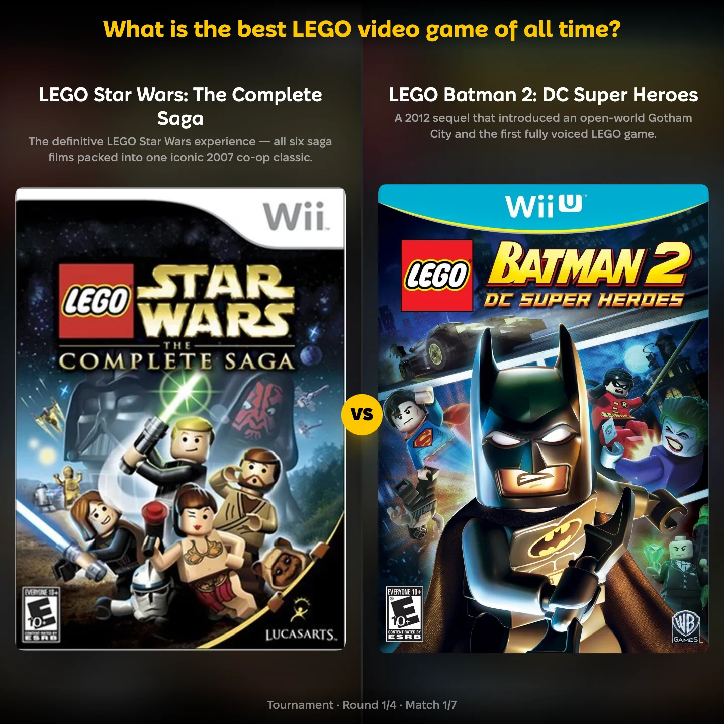 Batman ranking matchup: LEGO Star Wars: The Complete Saga against LEGO Batman 2: DC Super Heroes in the best LEGO video game ranking