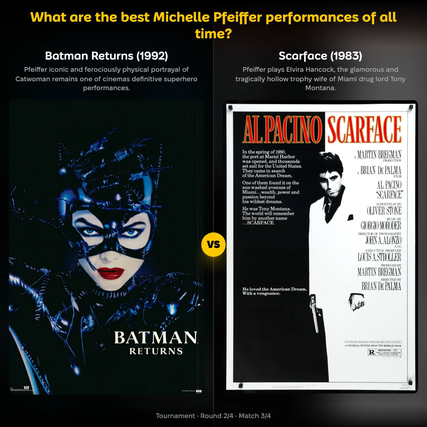 Batman ranking matchup: Batman Returns against Scarface in the best Michelle Pfeiffer performances ranking
