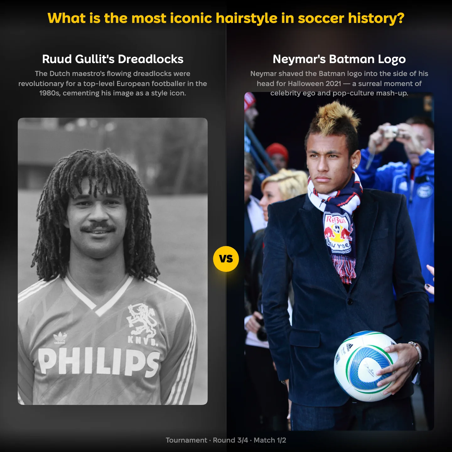 Batman ranking matchup: Ruud Gullit's dreadlocks against Neymar's Batman logo in the most iconic soccer hairstyle ranking