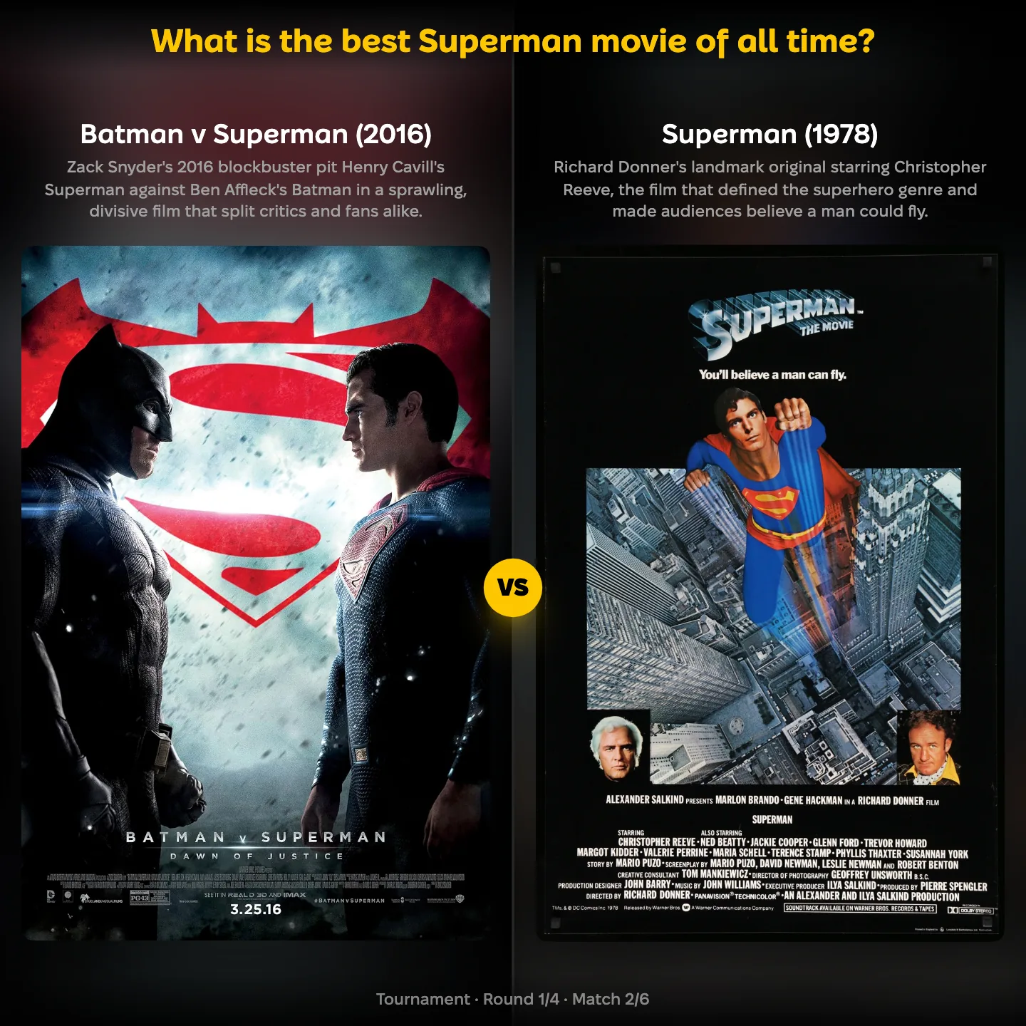 Batman ranking matchup: Batman v Superman against Superman (1978) in the best Superman movie ranking