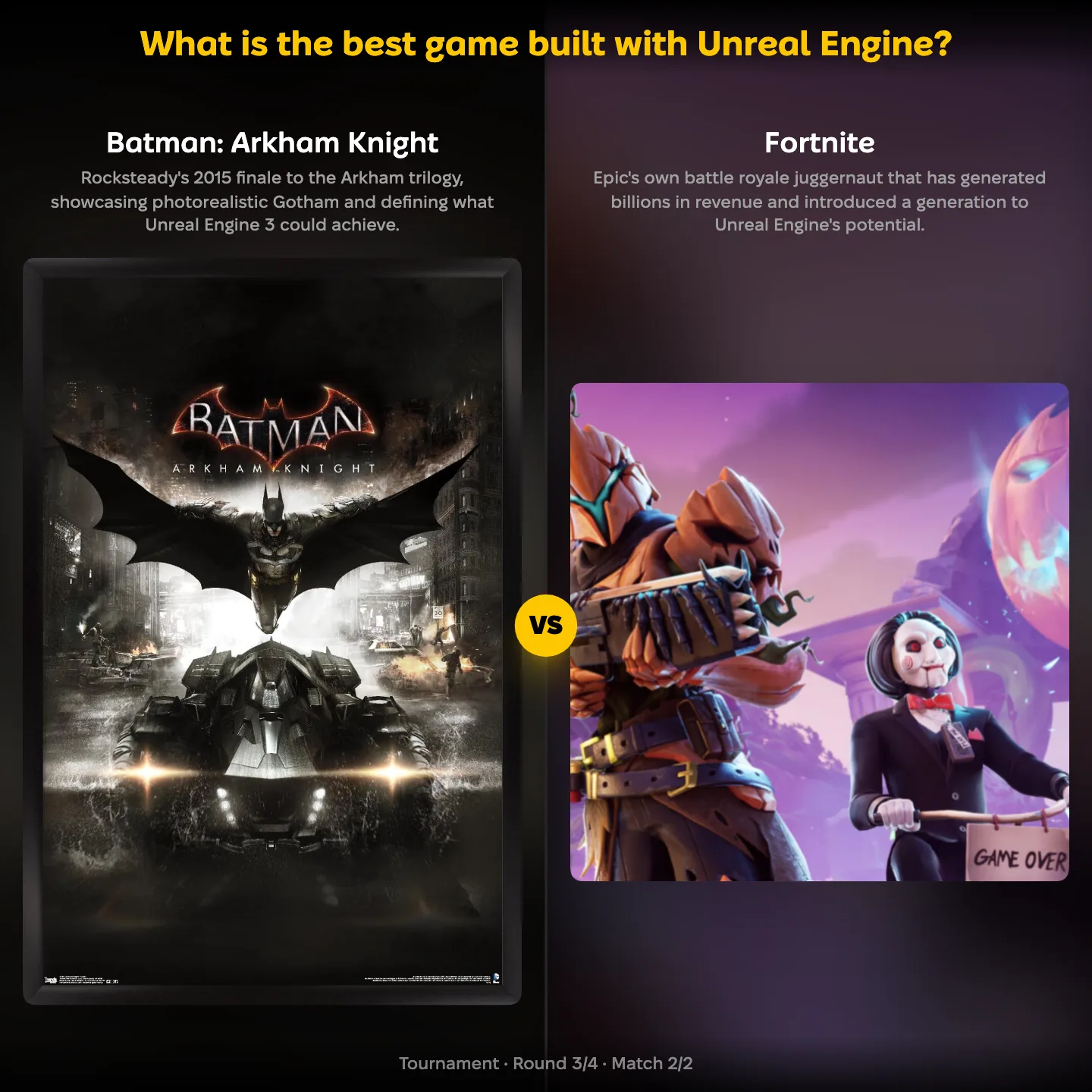 Batman ranking matchup: Batman: Arkham Knight against Fortnite in the best game built with Unreal Engine ranking