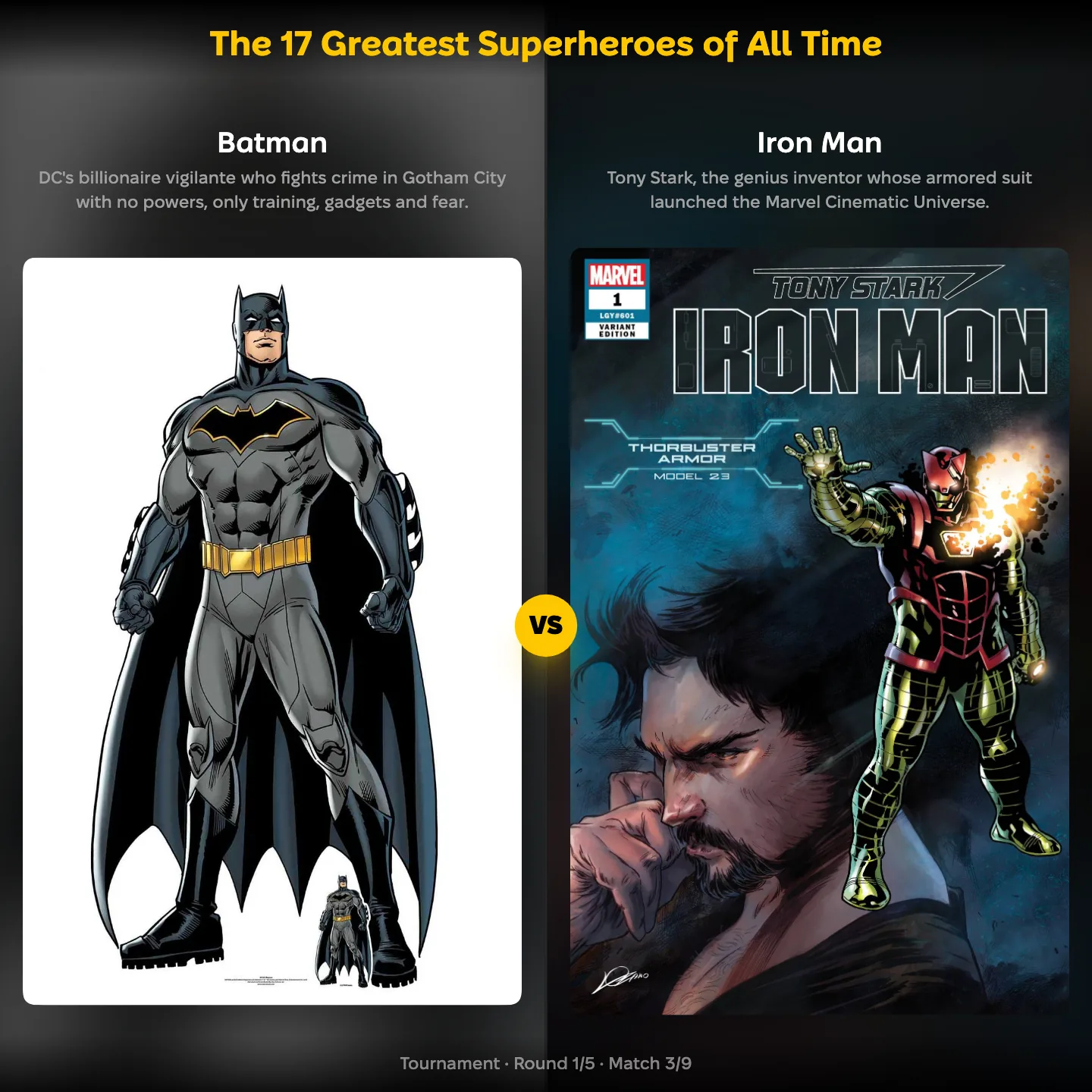 The greatest superheroes of all time ranking: Batman against Iron Man, with Superman also on the list