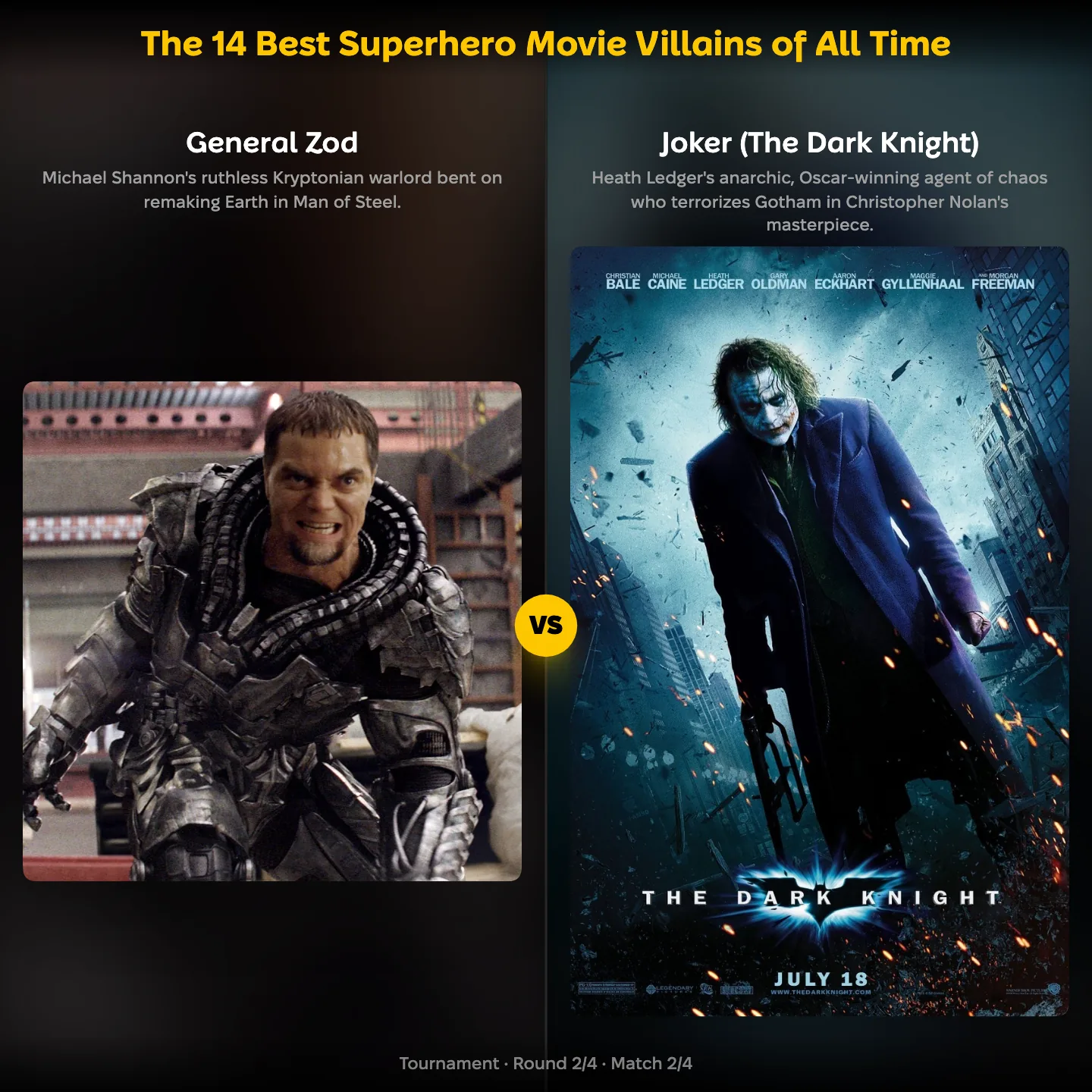 The best superhero movie villains ranking: General Zod from Superman against the Joker from The Dark Knight