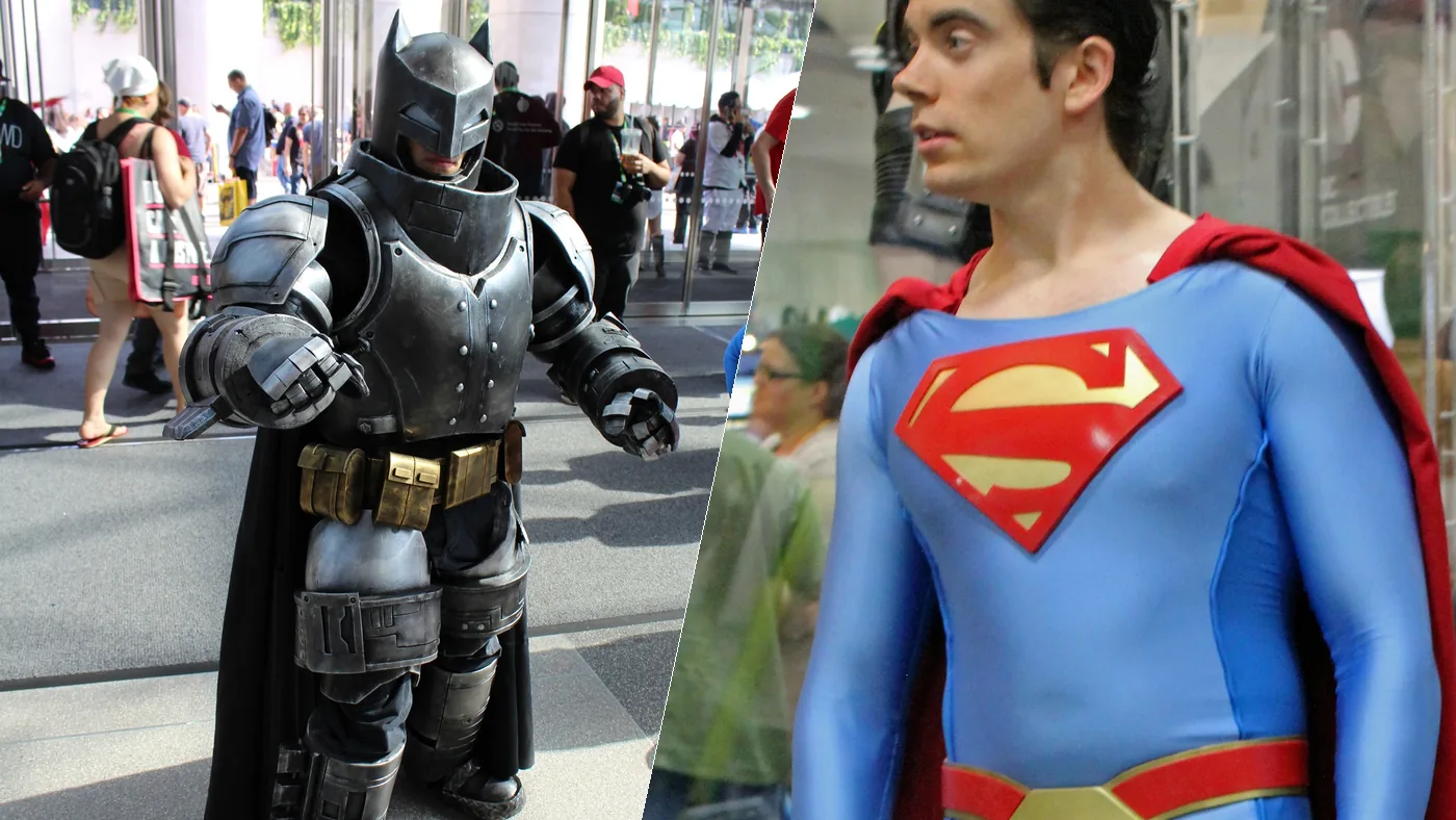 Batman in armour and Superman in the classic suit, side by side at comic conventions