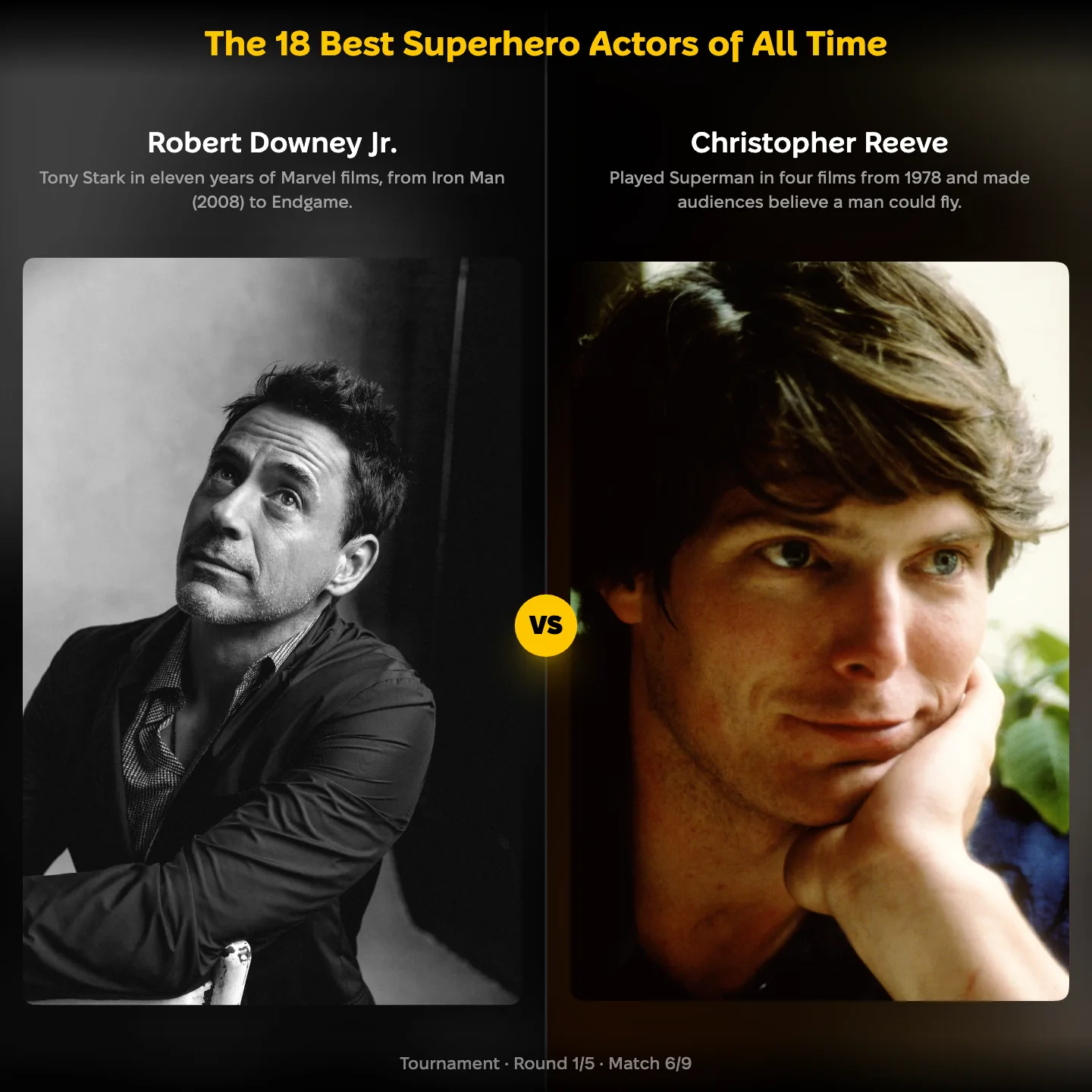 The best superhero actors ranking: Robert Downey Jr. against Christopher Reeve, with Michael Keaton also on the list