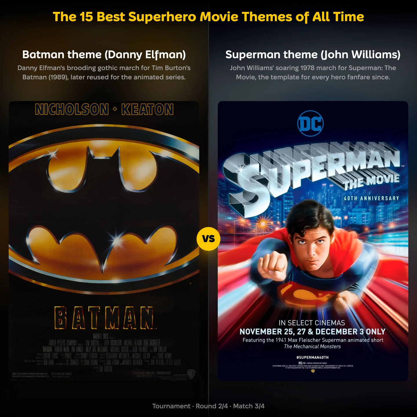 The best superhero movie themes ranking: Danny Elfman's Batman theme against John Williams' Superman theme