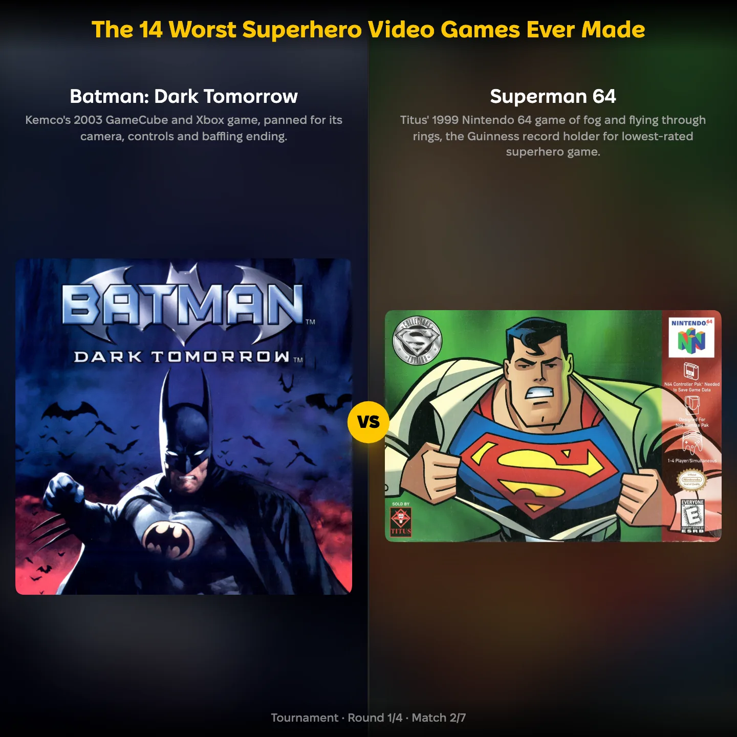 The worst superhero video games ranking: Batman: Dark Tomorrow against Superman 64
