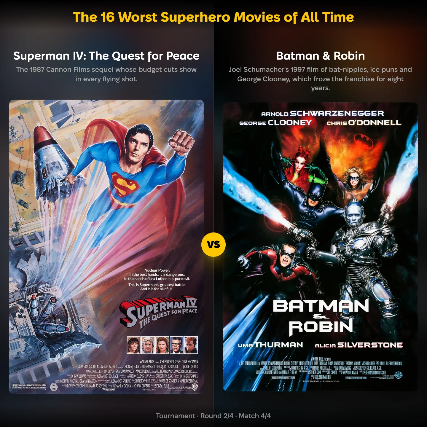 The worst superhero movies ranking: Superman IV: The Quest for Peace against Batman & Robin