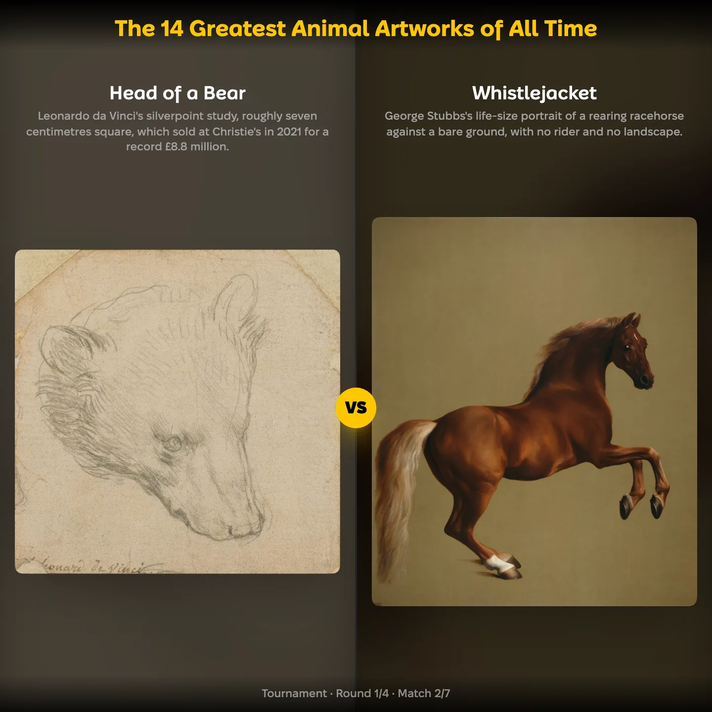 The 14 greatest animal artworks of all time ranking, Leonardo da Vinci's Head of a Bear against Stubbs's Whistlejacket