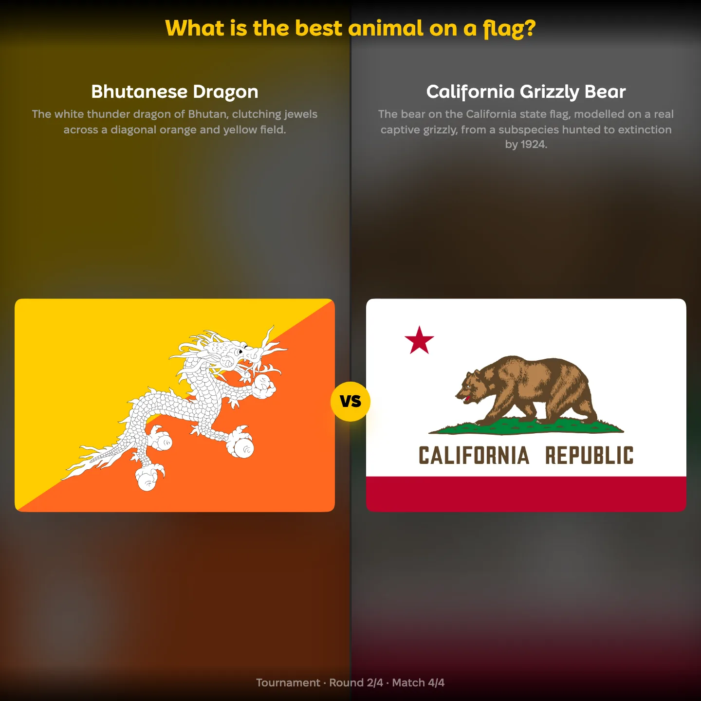 What is the best animal on a flag ranking, the Bhutanese dragon against the California grizzly bear