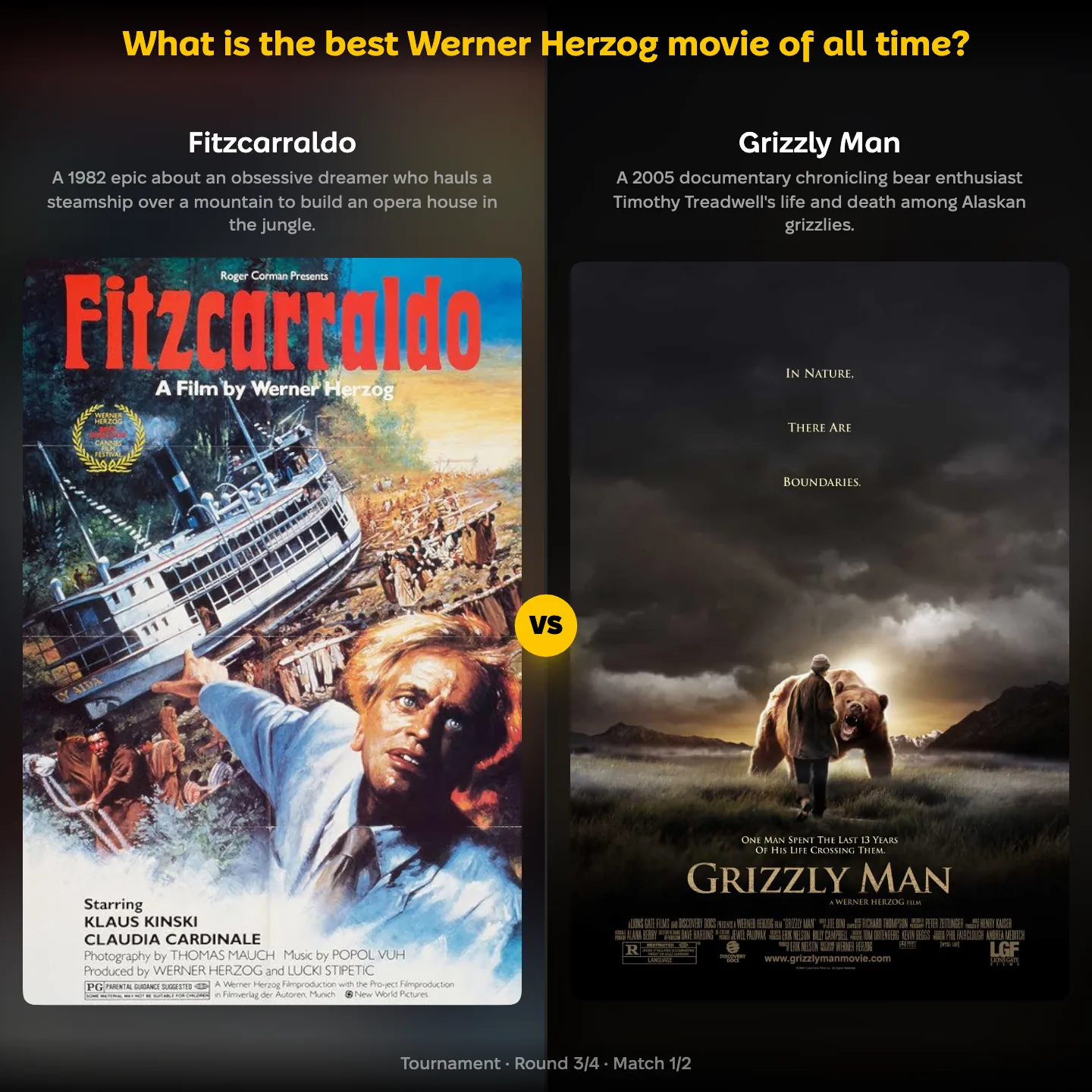 The best Werner Herzog movie of all time ranking, Fitzcarraldo against Grizzly Man