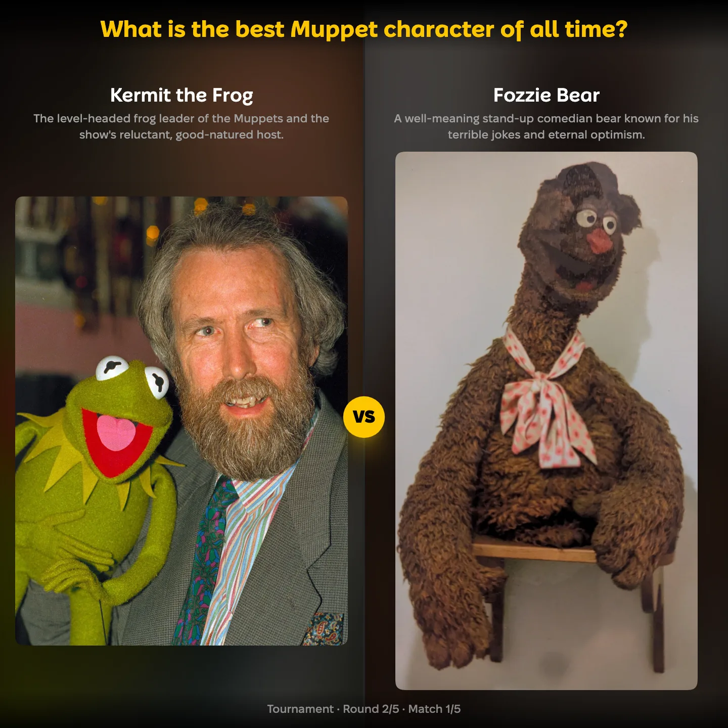 The best Muppet character of all time ranking, Kermit the Frog against Fozzie Bear
