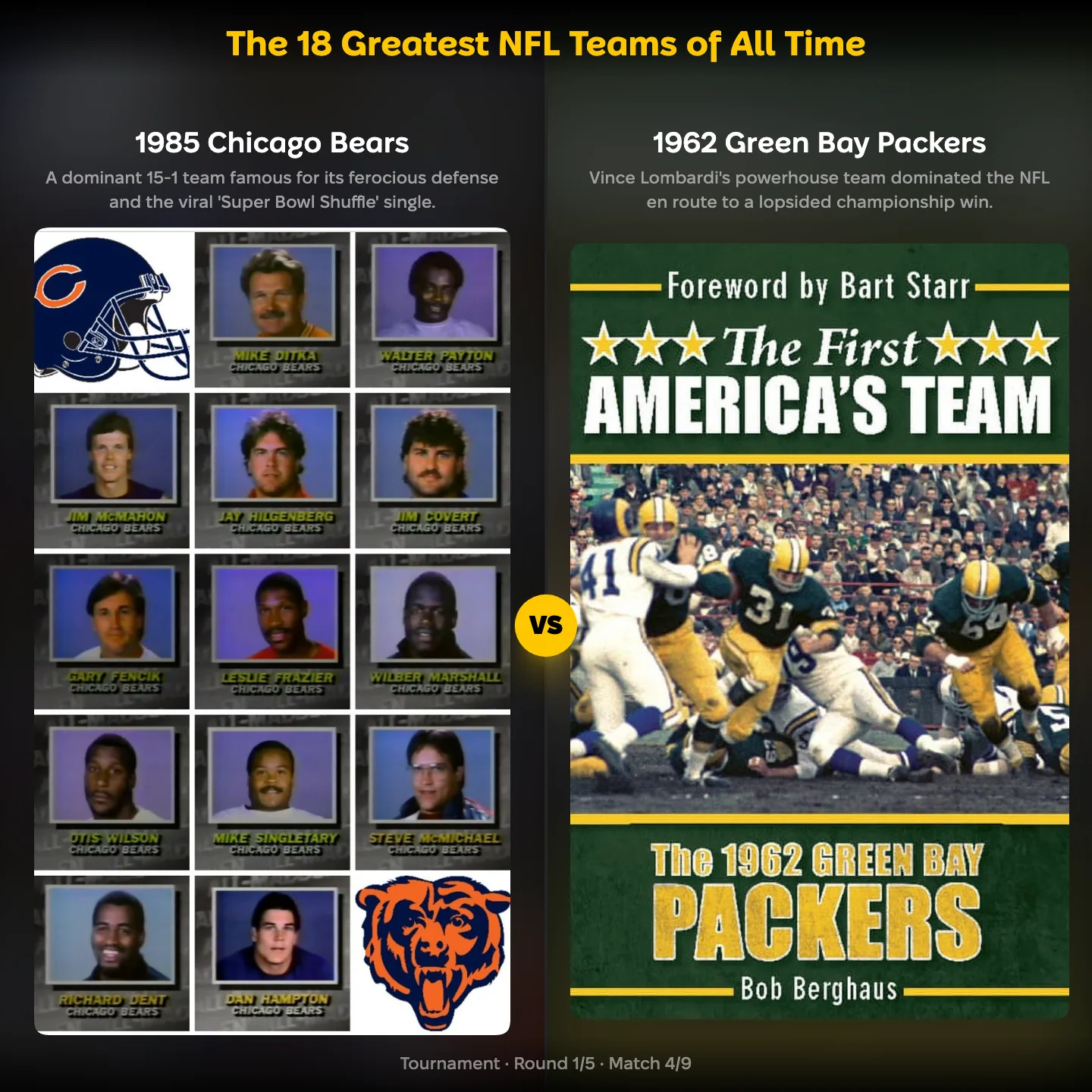 The 18 greatest NFL teams of all time ranking, the 1985 Chicago Bears against the 1962 Green Bay Packers