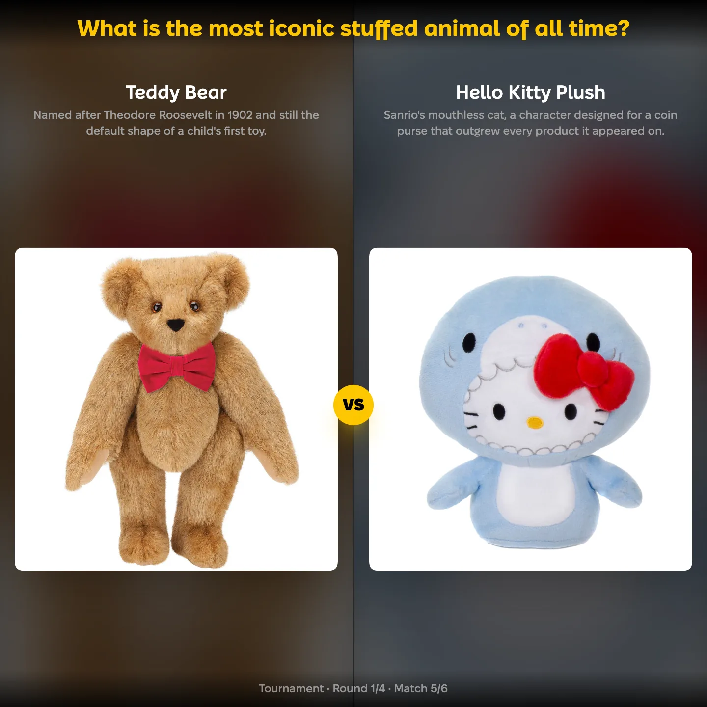 The most iconic stuffed animal of all time ranking, the teddy bear against a Hello Kitty plush
