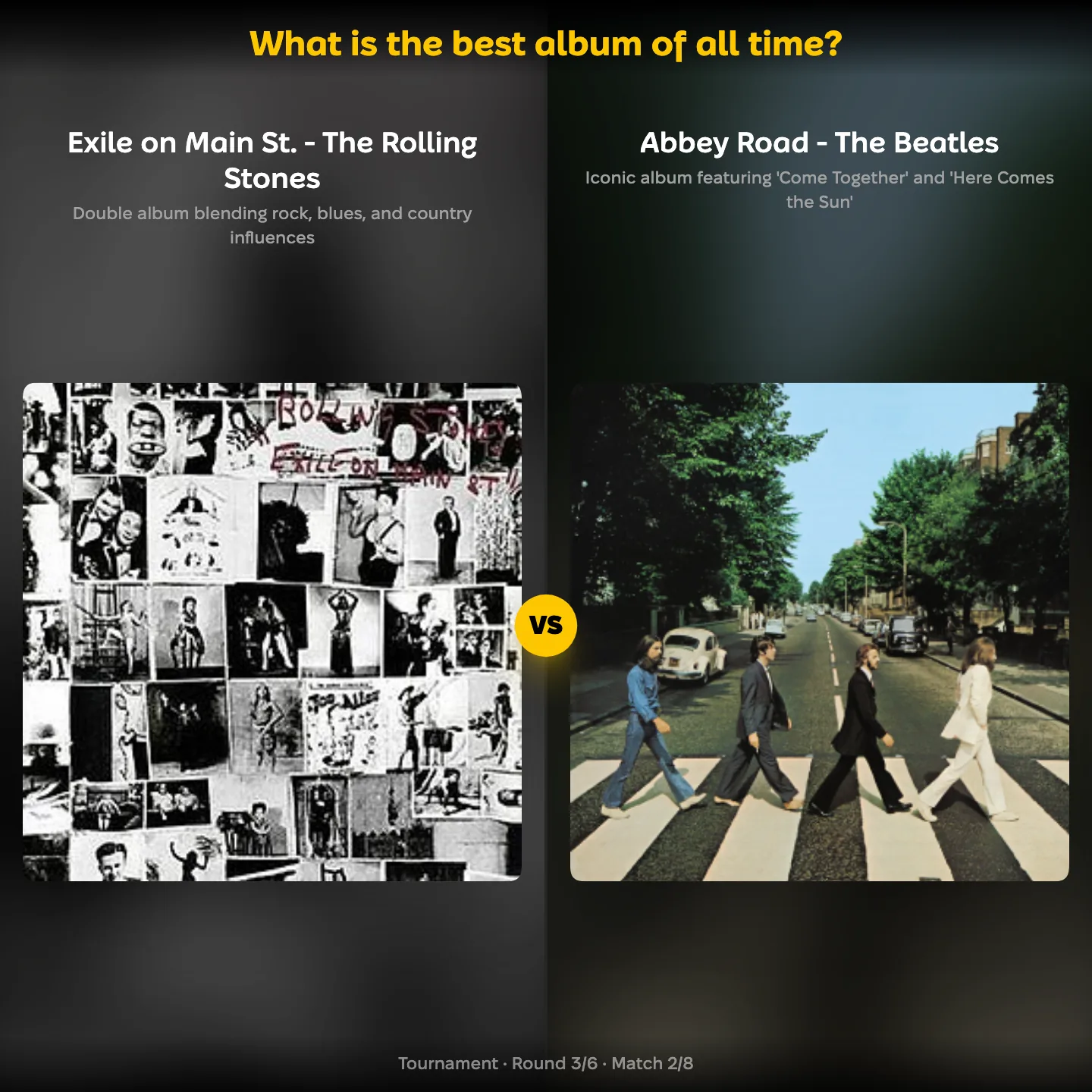 What is the best album of all time, with Exile on Main St. by The Rolling Stones against Abbey Road by The Beatles