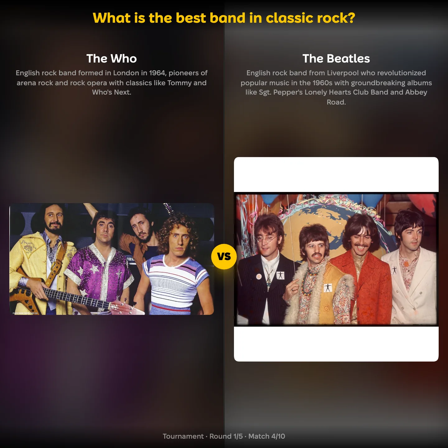 What is the best band in classic rock, with The Who against The Beatles