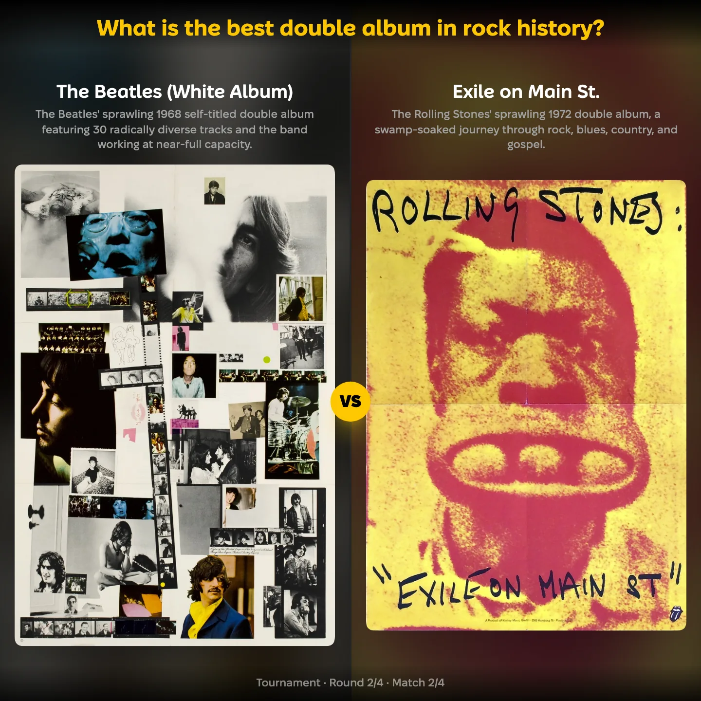What is the best double album in rock history, with the White Album by The Beatles against Exile on Main St. by The Rolling Stones