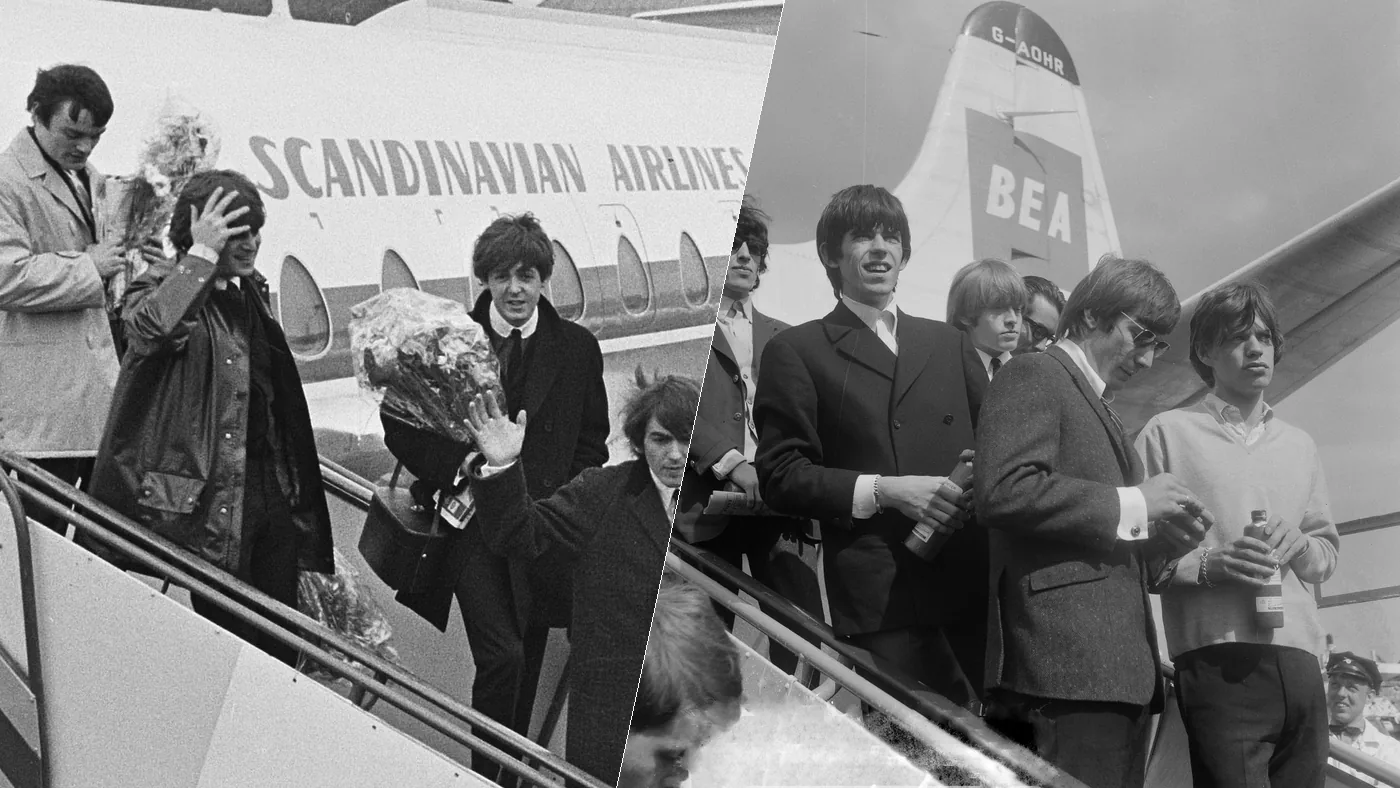 The Beatles and The Rolling Stones arriving at Amsterdam Schiphol Airport in 1964, shown side by side