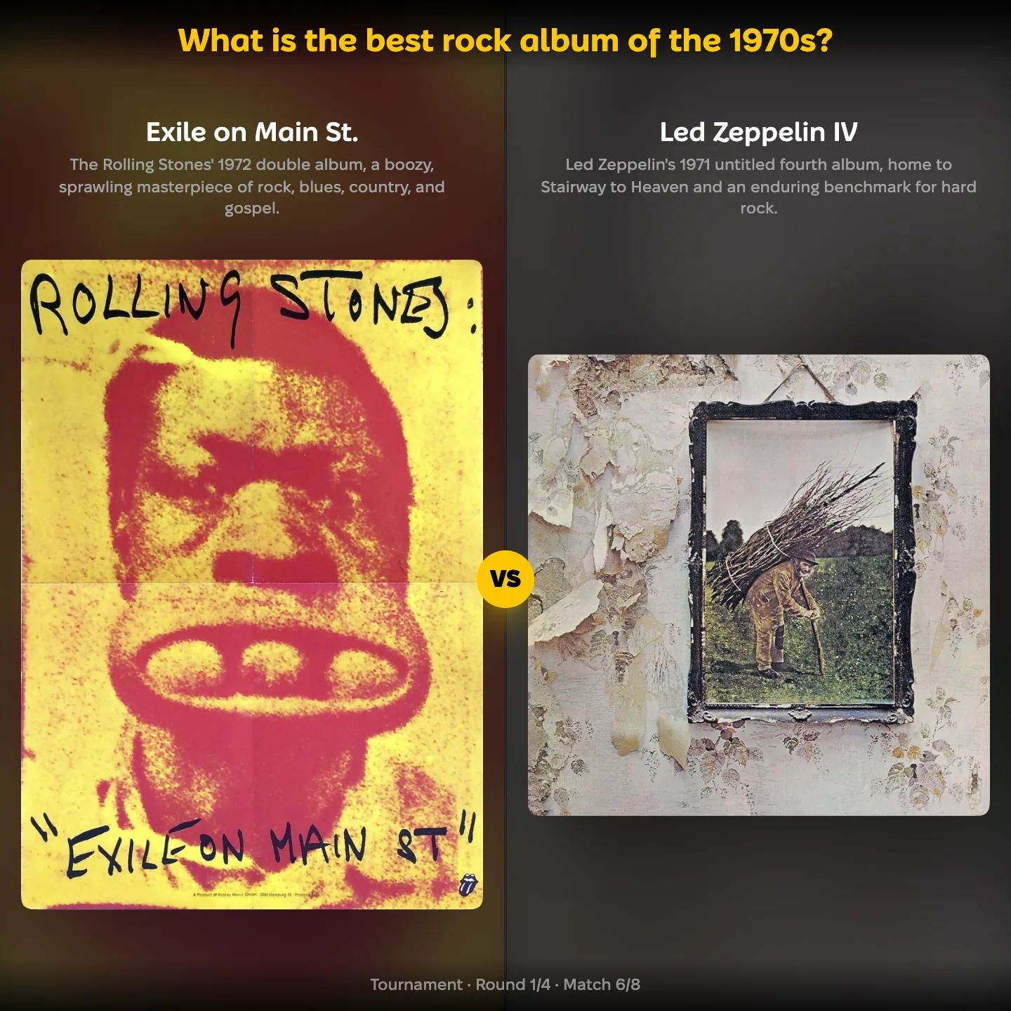 What is the best rock album of the 1970s, with Exile on Main St. by The Rolling Stones against Led Zeppelin IV