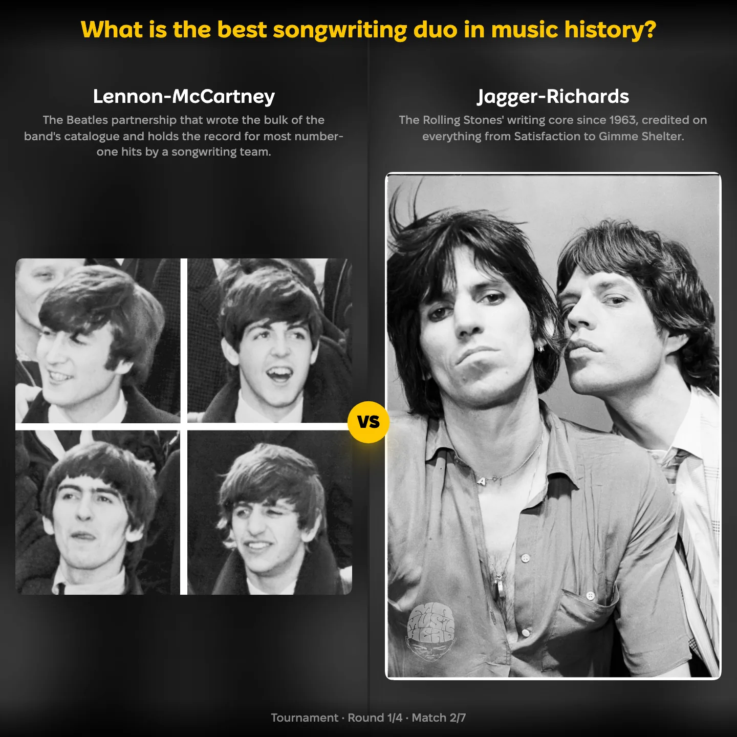 What is the best songwriting duo in music history, with Lennon-McCartney against Jagger-Richards