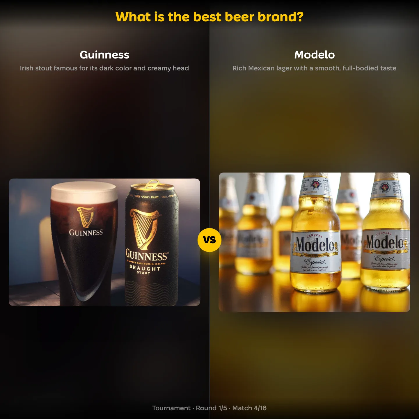 The best beer brand ranking on YouPickBest, showing Guinness against Modelo