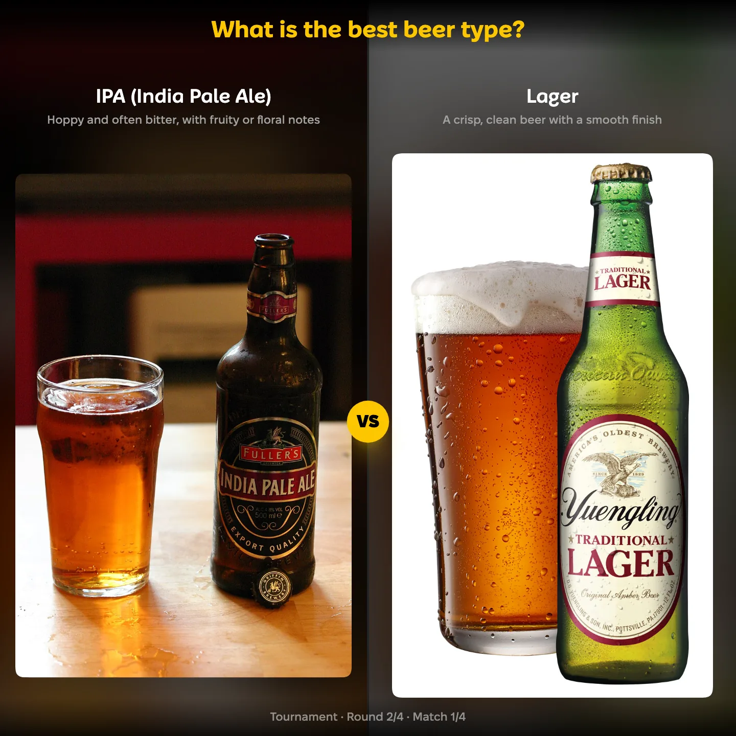 The best beer type ranking on YouPickBest, showing IPA against Lager