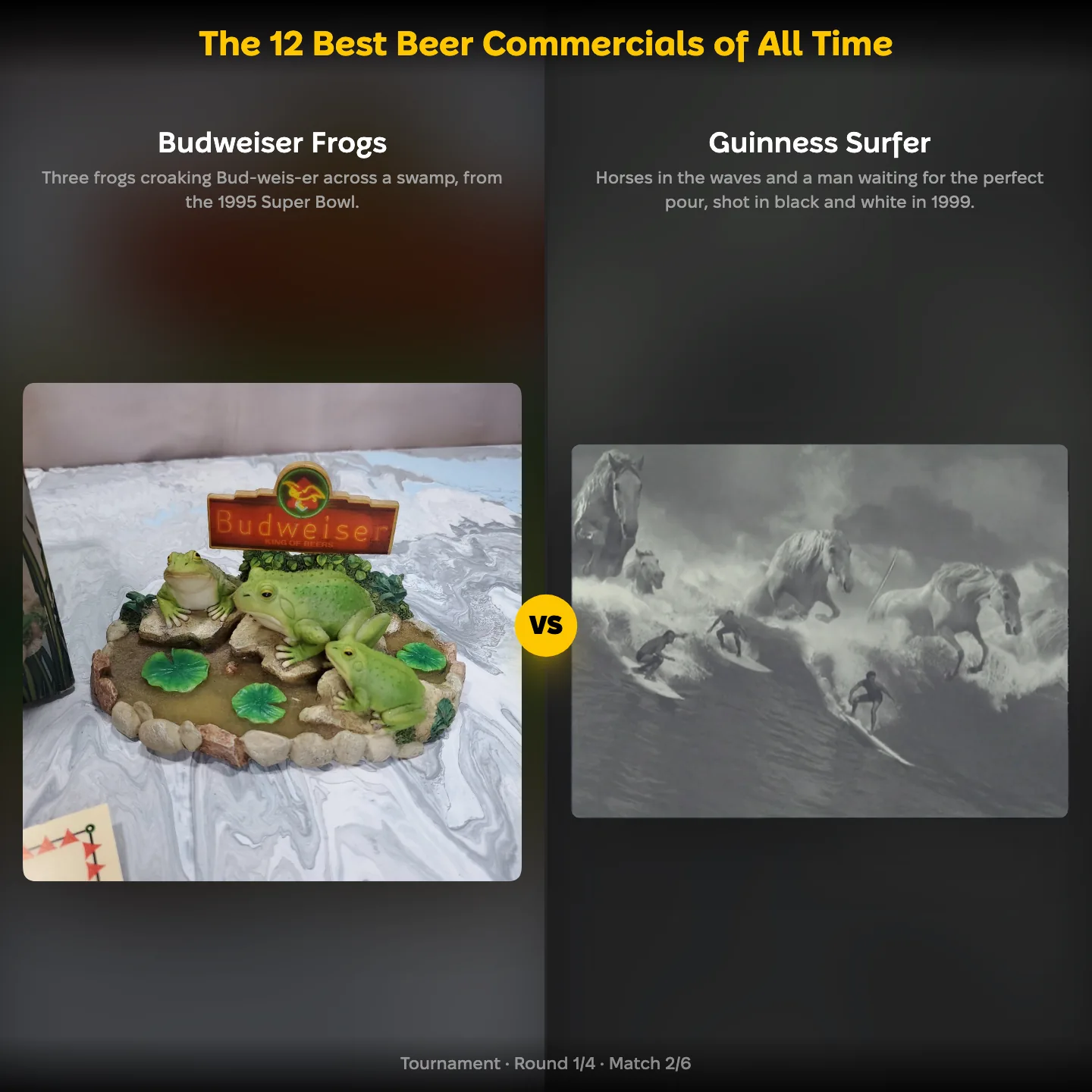 The best beer commercials ranking on YouPickBest, showing the Budweiser Frogs against the Guinness Surfer ad