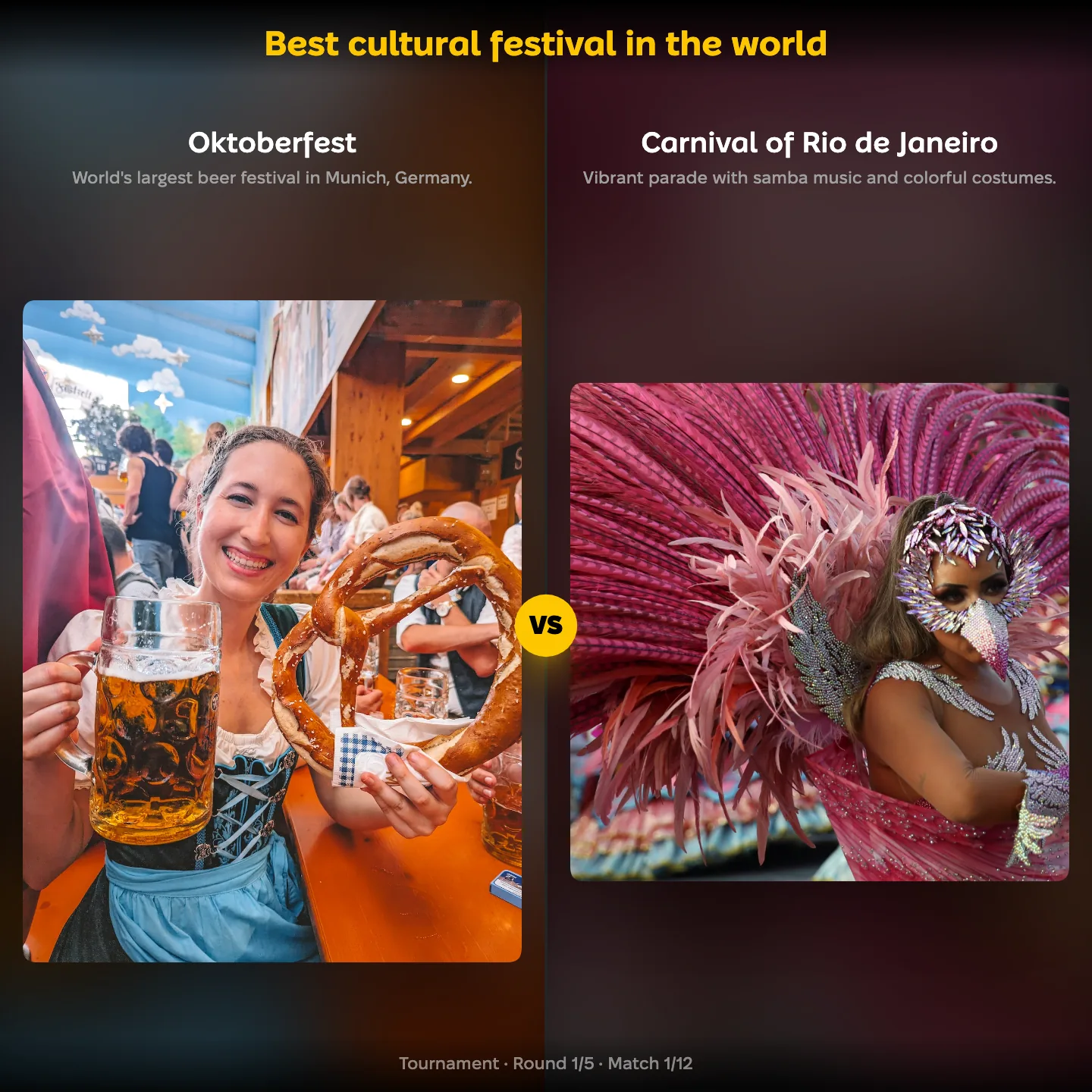 The best cultural festival ranking on YouPickBest, showing Oktoberfest against the Carnival of Rio de Janeiro