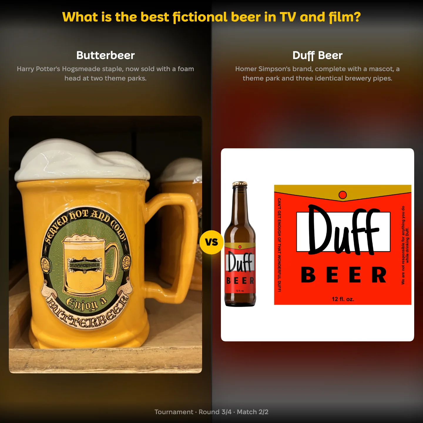 The best fictional beer ranking on YouPickBest, showing Butterbeer against Duff Beer