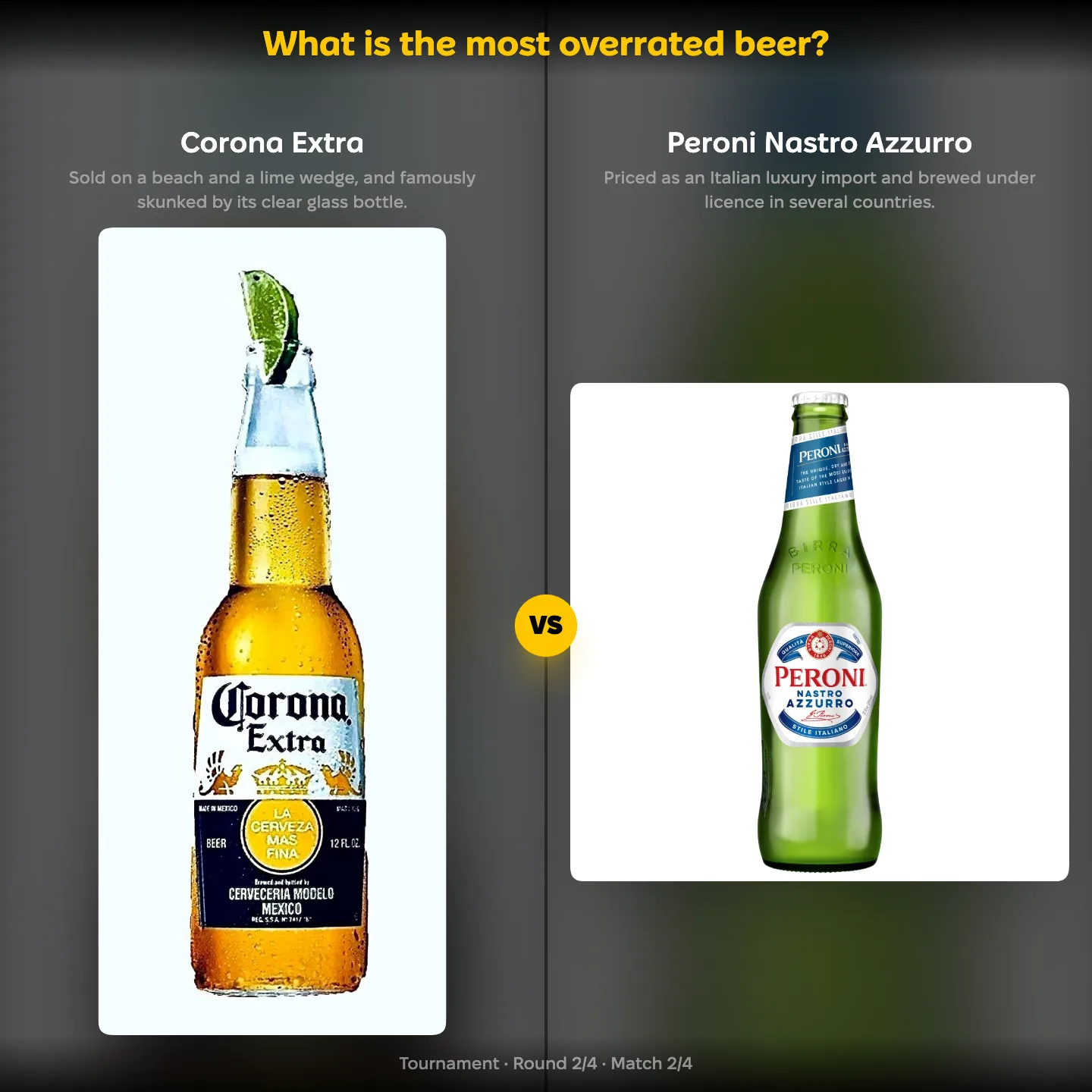 The most overrated beer ranking on YouPickBest, showing Corona Extra against Peroni Nastro Azzurro