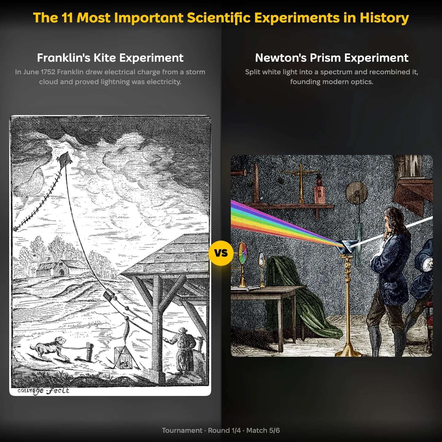 Franklin's kite experiment against Newton's prism experiment in the YouPickBest ranking of the most important scientific experiments in history