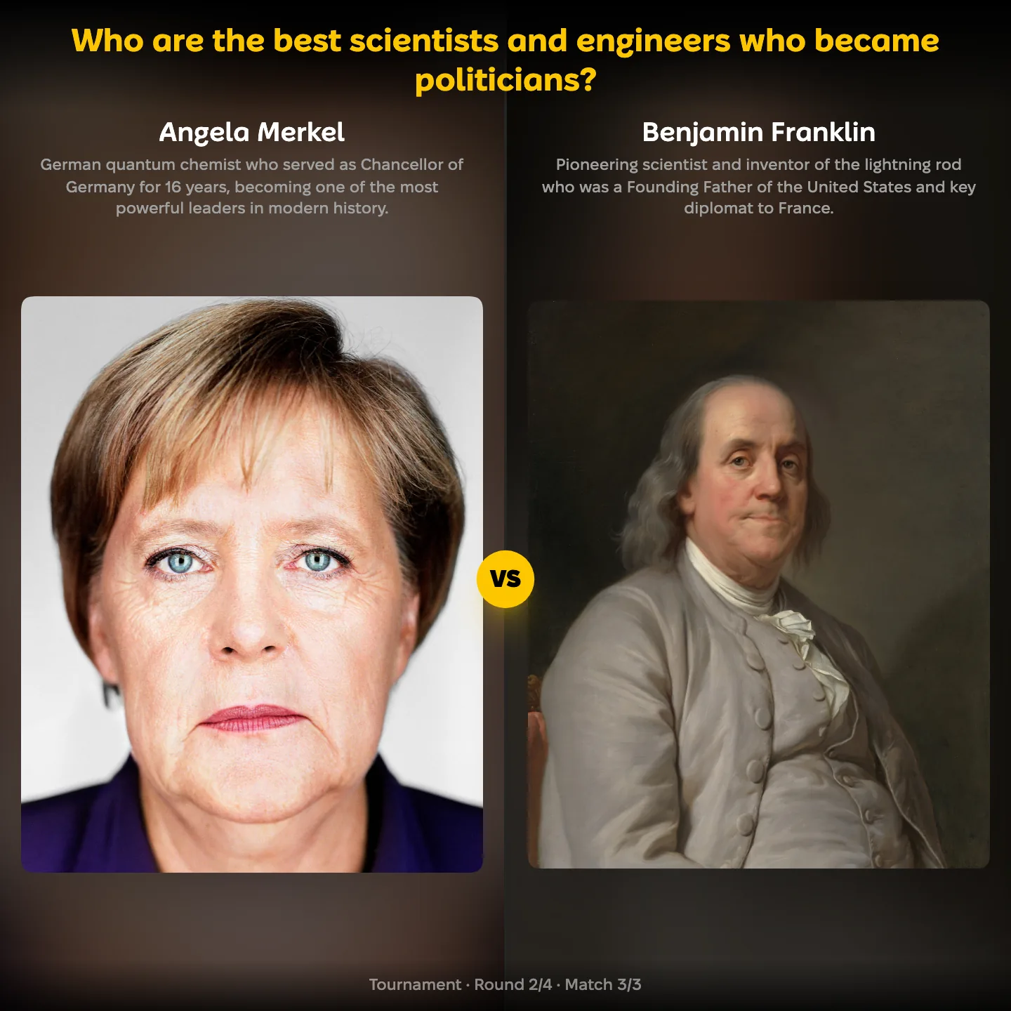 Angela Merkel against Benjamin Franklin in the YouPickBest ranking of the best scientists and engineers who became politicians