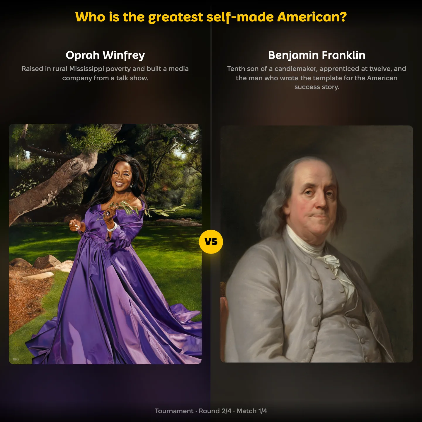 Oprah Winfrey against Benjamin Franklin in the YouPickBest ranking of the greatest self-made American