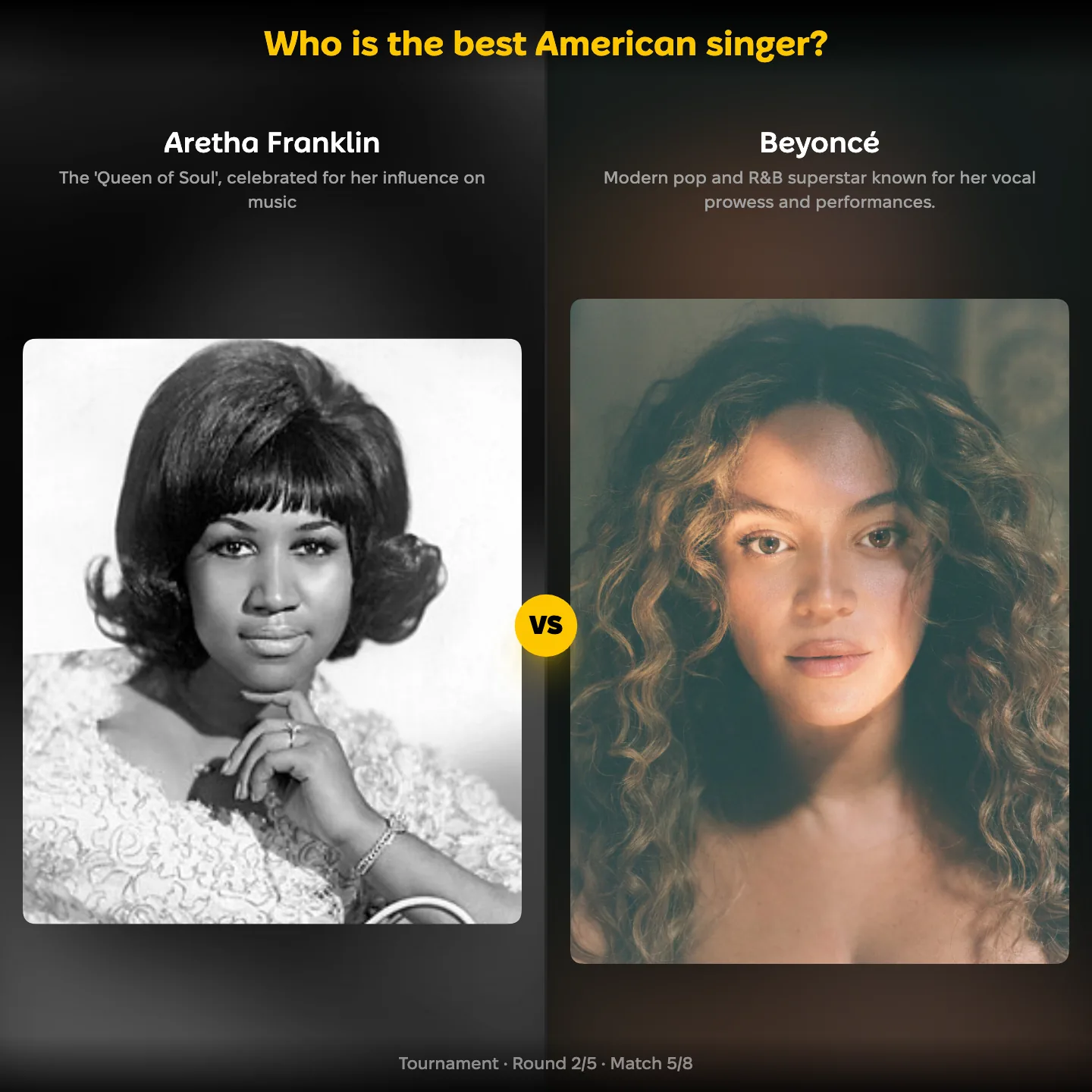 YouPickBest matchup screen: Aretha Franklin against Beyoncé in the ranking of the best American singer