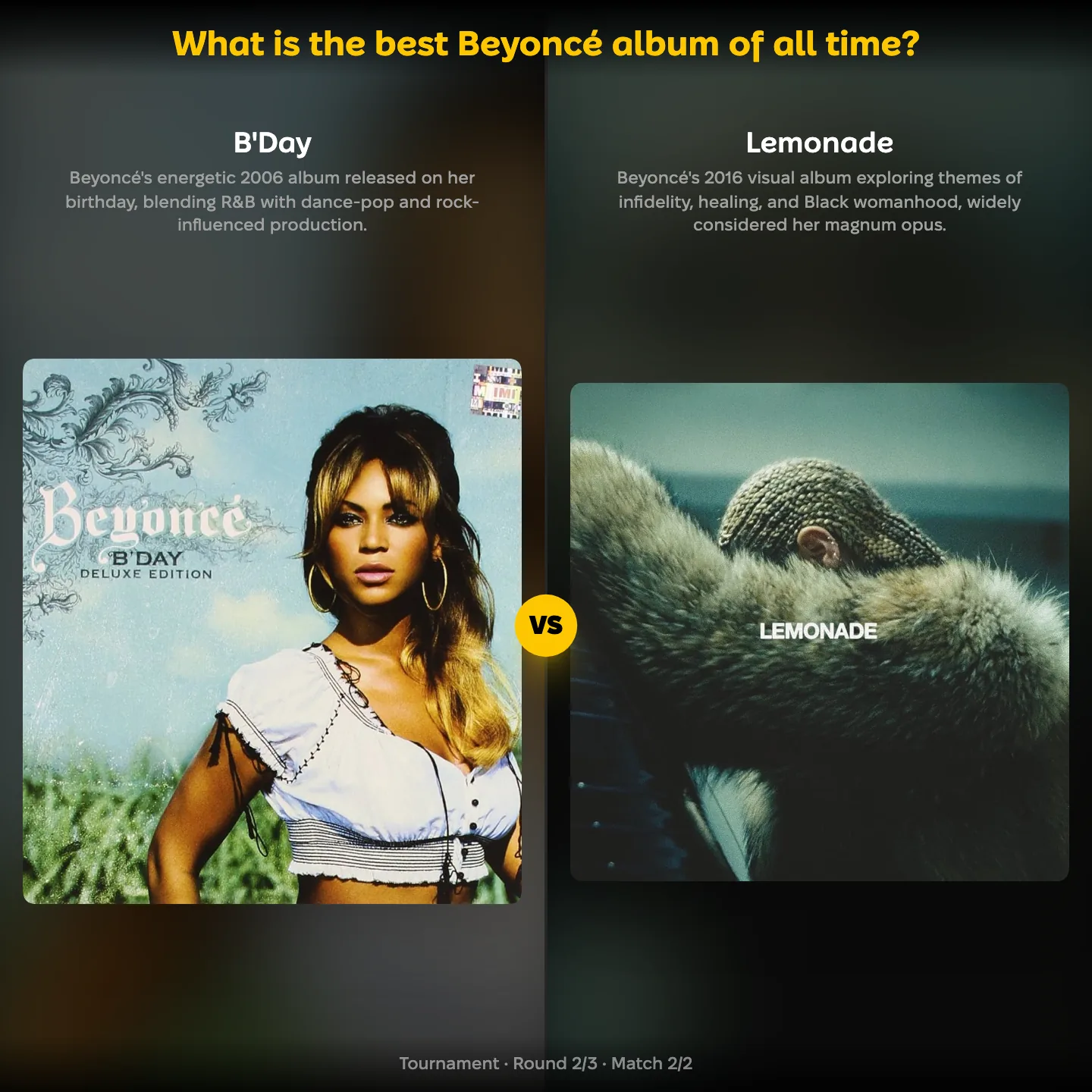 YouPickBest matchup screen: B'Day against Lemonade in the ranking of the best Beyoncé album of all time