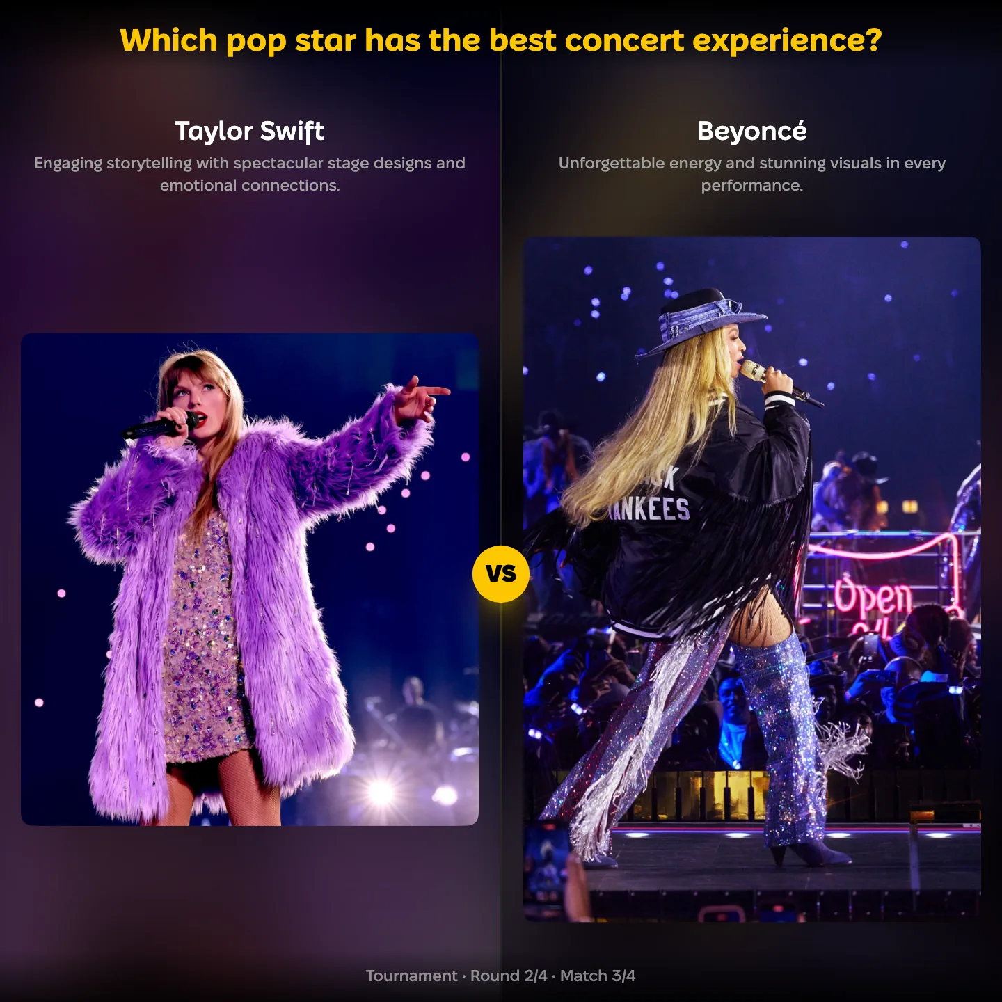 YouPickBest matchup screen: Taylor Swift against Beyoncé in the ranking of the pop star with the best concert experience
