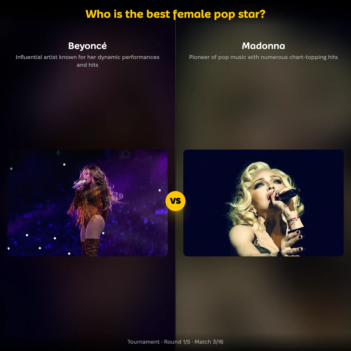 YouPickBest matchup screen: Beyoncé against Madonna in the ranking of the best female pop star