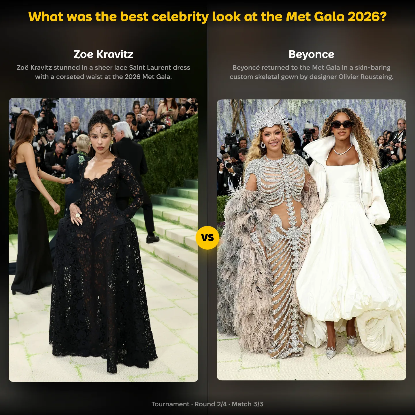 YouPickBest matchup screen: Zoë Kravitz against Beyoncé in the ranking of the best celebrity look at the Met Gala 2026