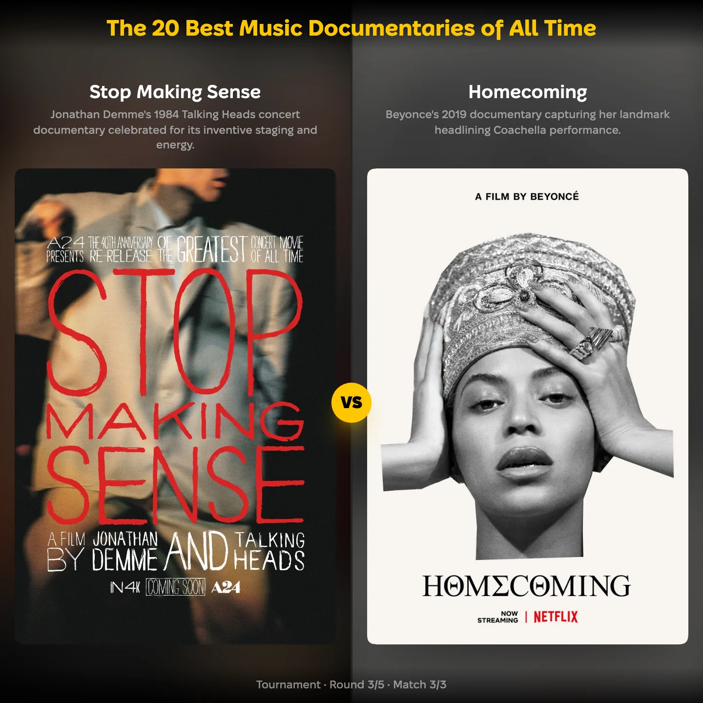 YouPickBest matchup screen: Stop Making Sense against Beyoncé's Homecoming in the ranking of the best music documentaries