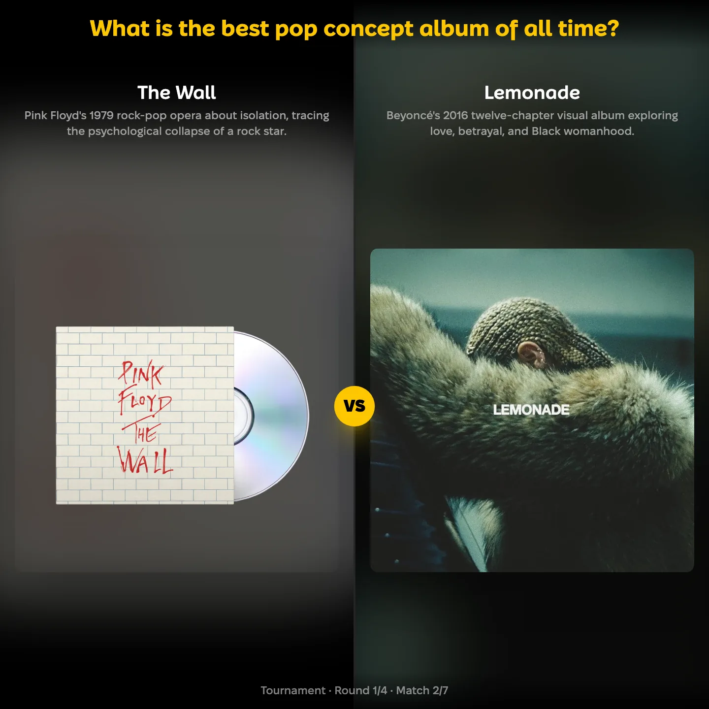YouPickBest matchup screen: Pink Floyd's The Wall against Beyoncé's Lemonade in the ranking of the best pop concept album