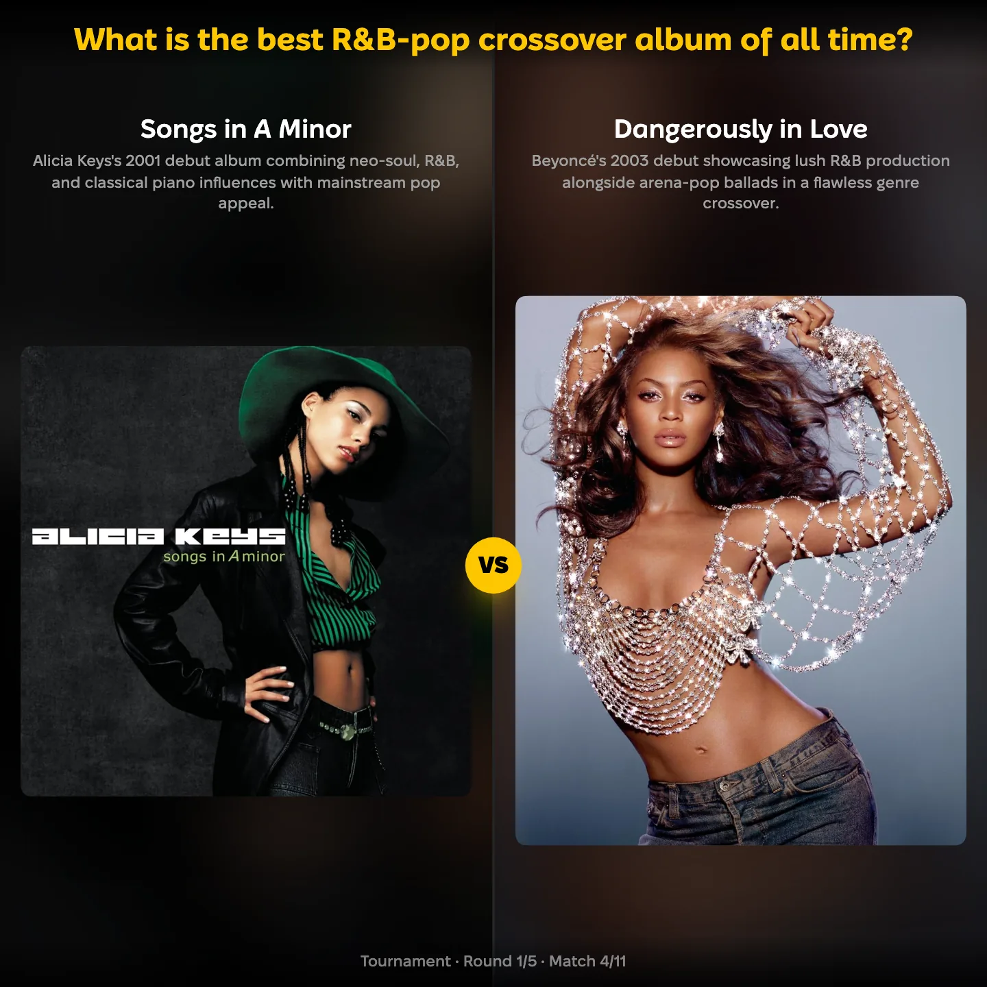 YouPickBest matchup screen: Alicia Keys' Songs in A Minor against Beyoncé's Dangerously in Love in the ranking of the best R&B-pop crossover album