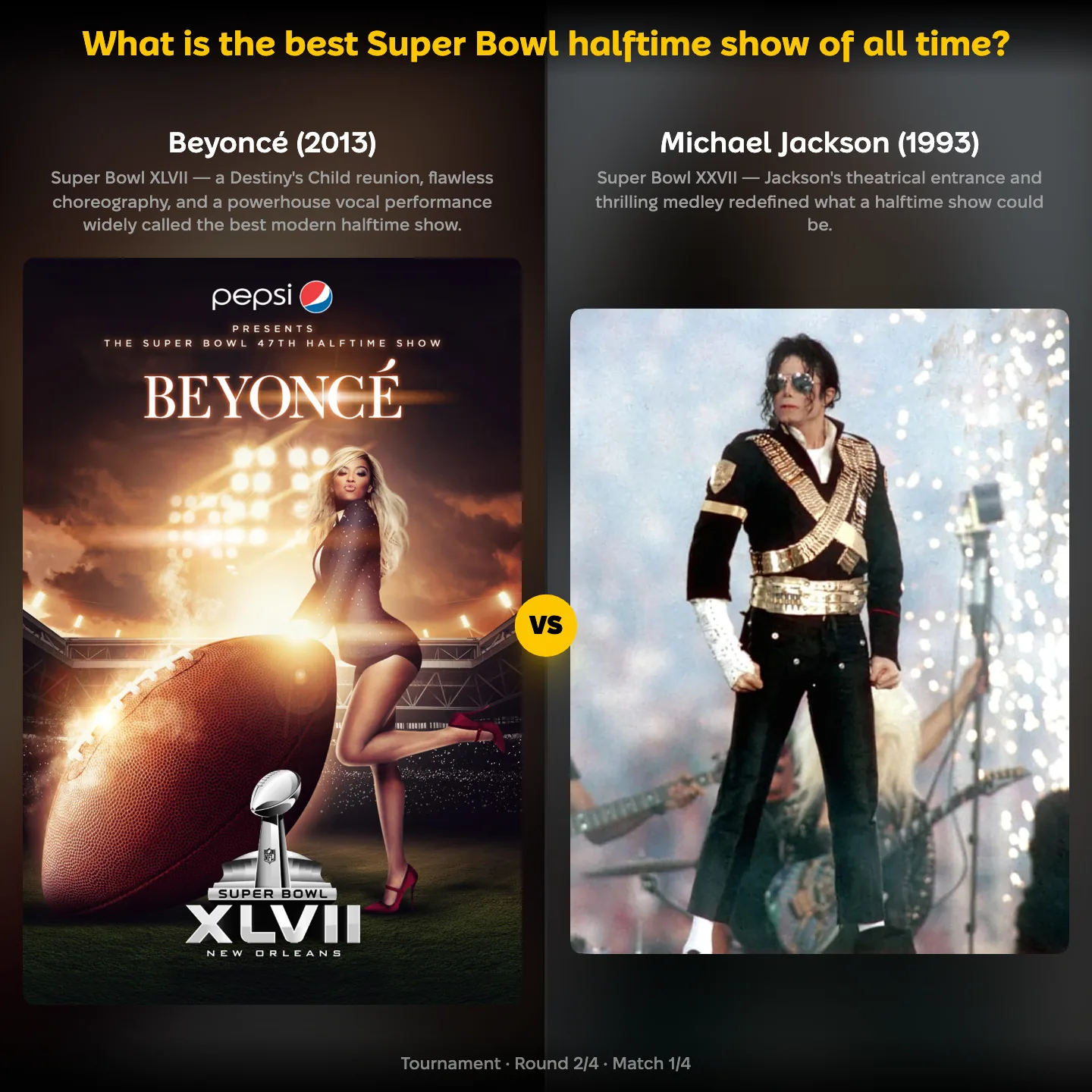 YouPickBest matchup screen: Beyoncé 2013 against Michael Jackson 1993 in the ranking of the best Super Bowl halftime show