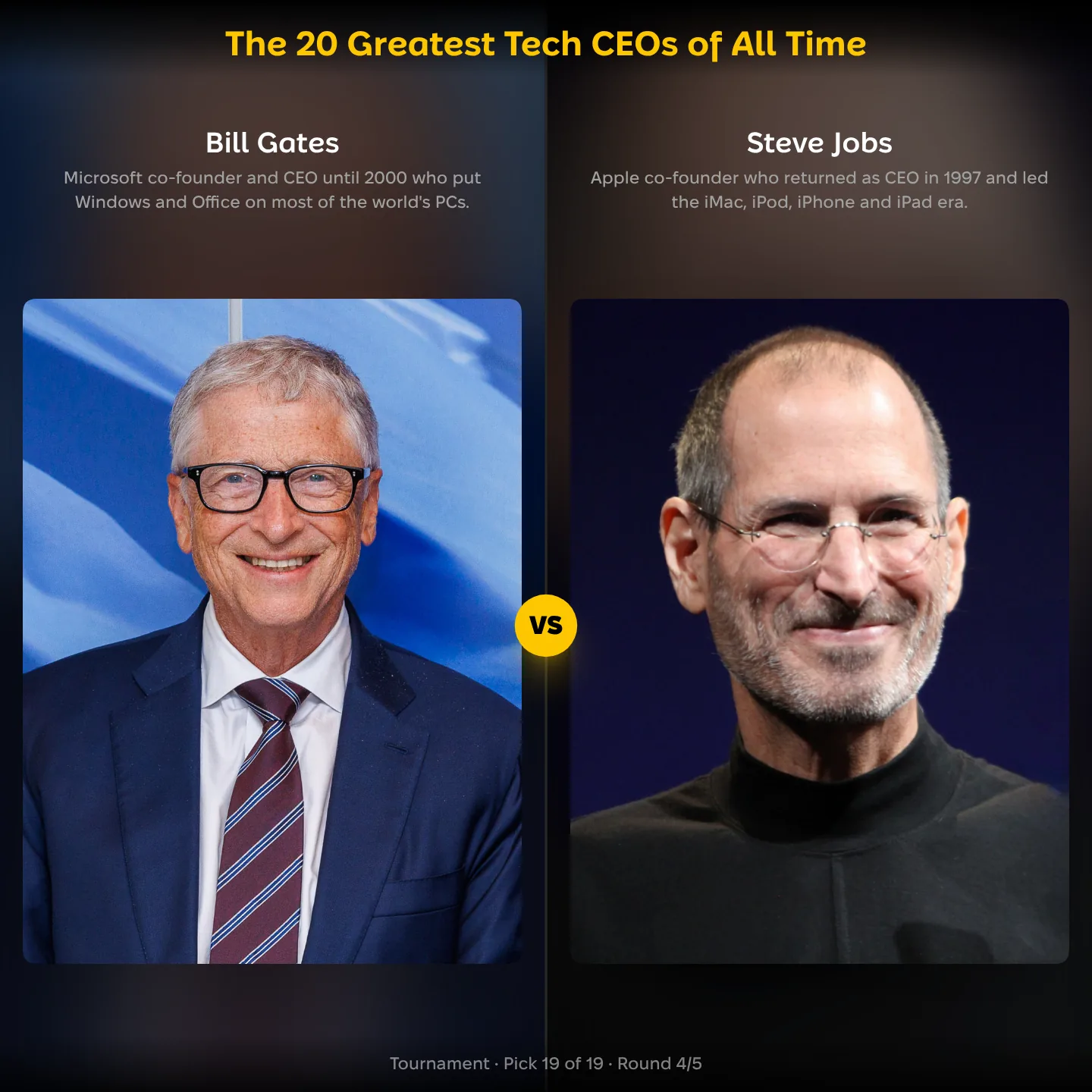 The greatest tech CEOs of all time ranking, Bill Gates against Steve Jobs