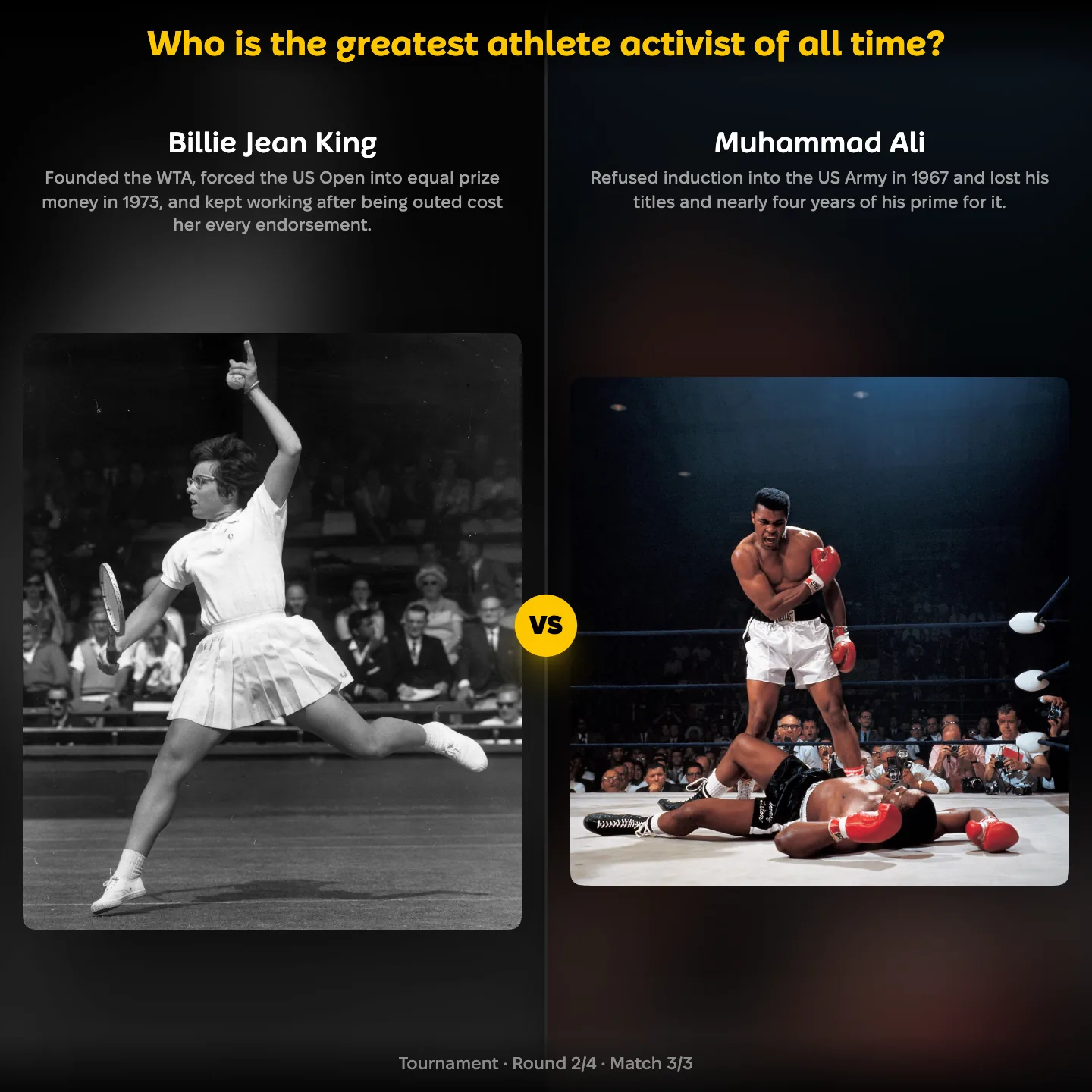 The greatest athlete activist of all time ranked, with Billie Jean King against Muhammad Ali