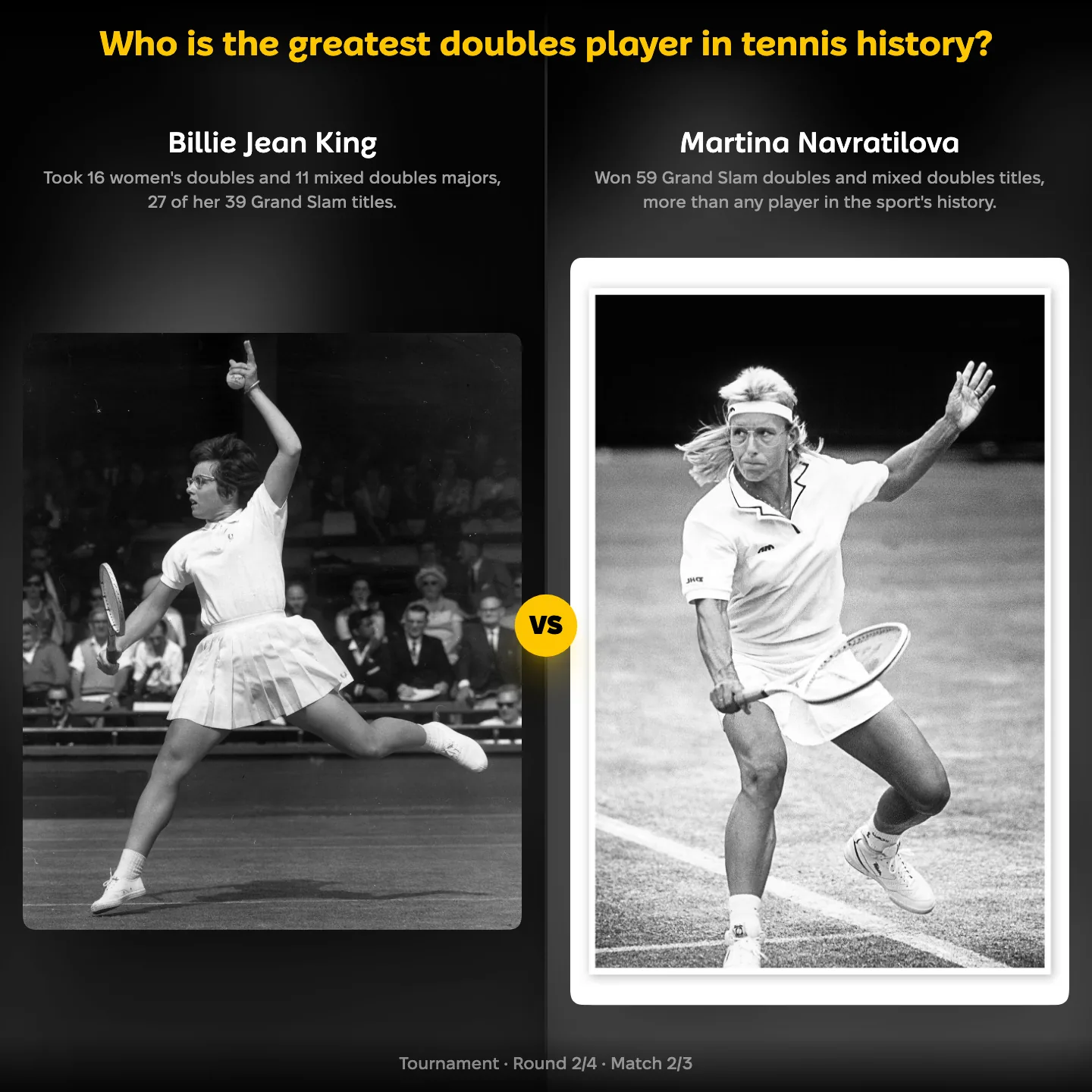 The greatest doubles player in tennis history ranked, with Billie Jean King against Martina Navratilova