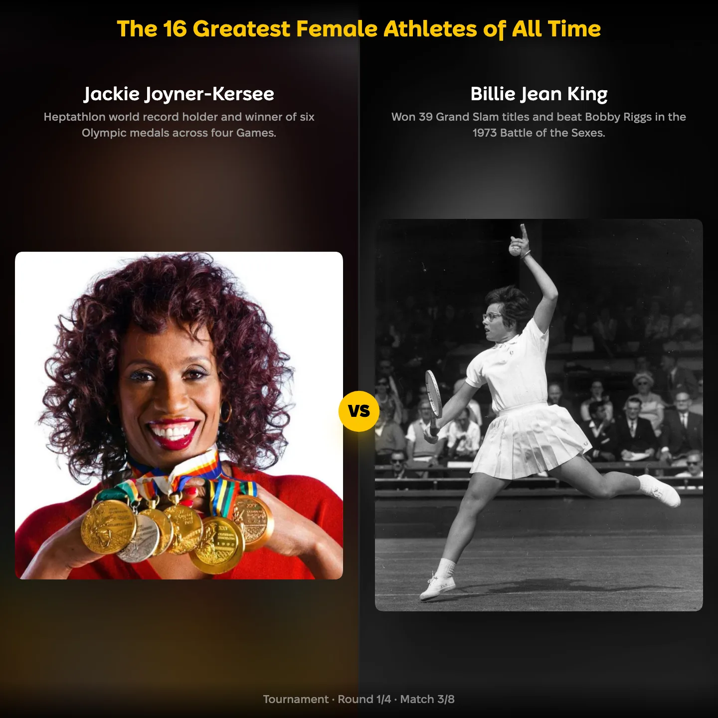 The greatest female athletes of all time ranked, with Jackie Joyner-Kersee against Billie Jean King