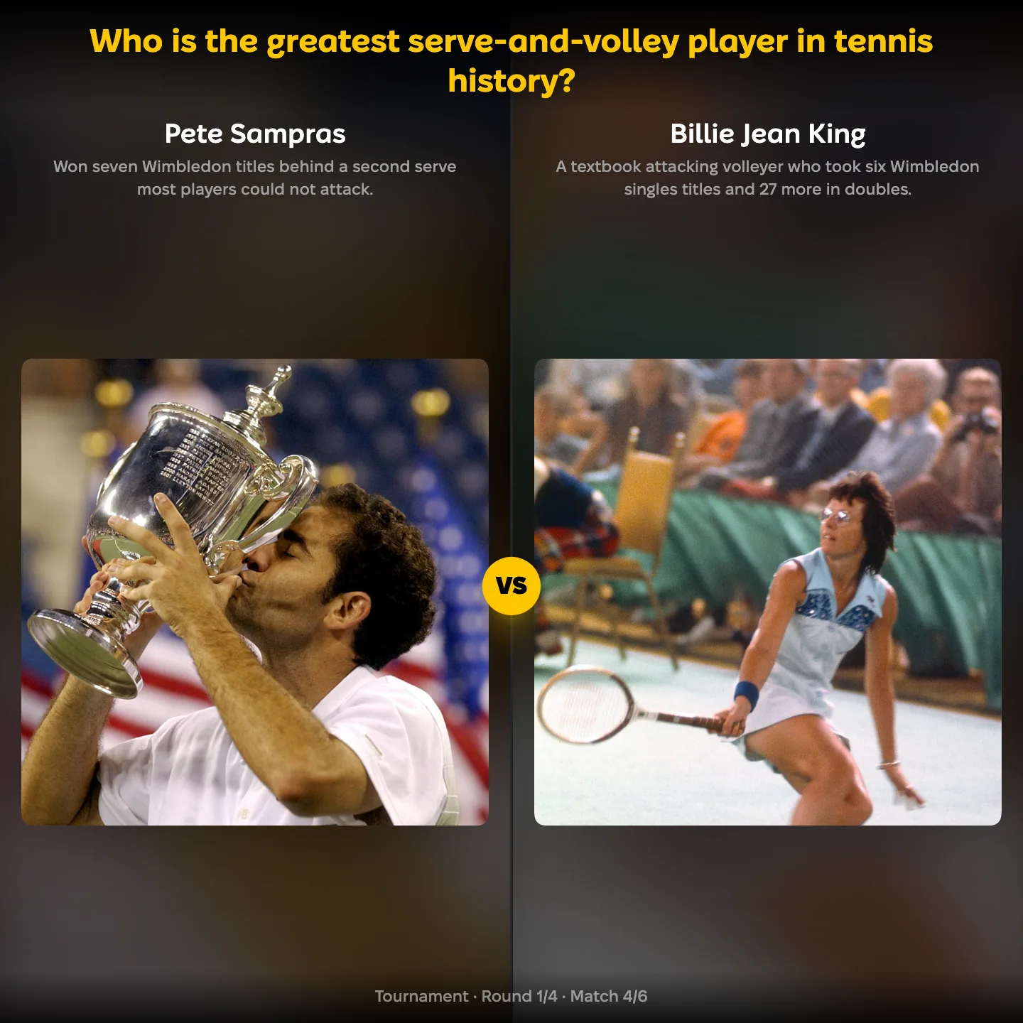 The greatest serve-and-volley player in tennis history ranked, with Pete Sampras against Billie Jean King